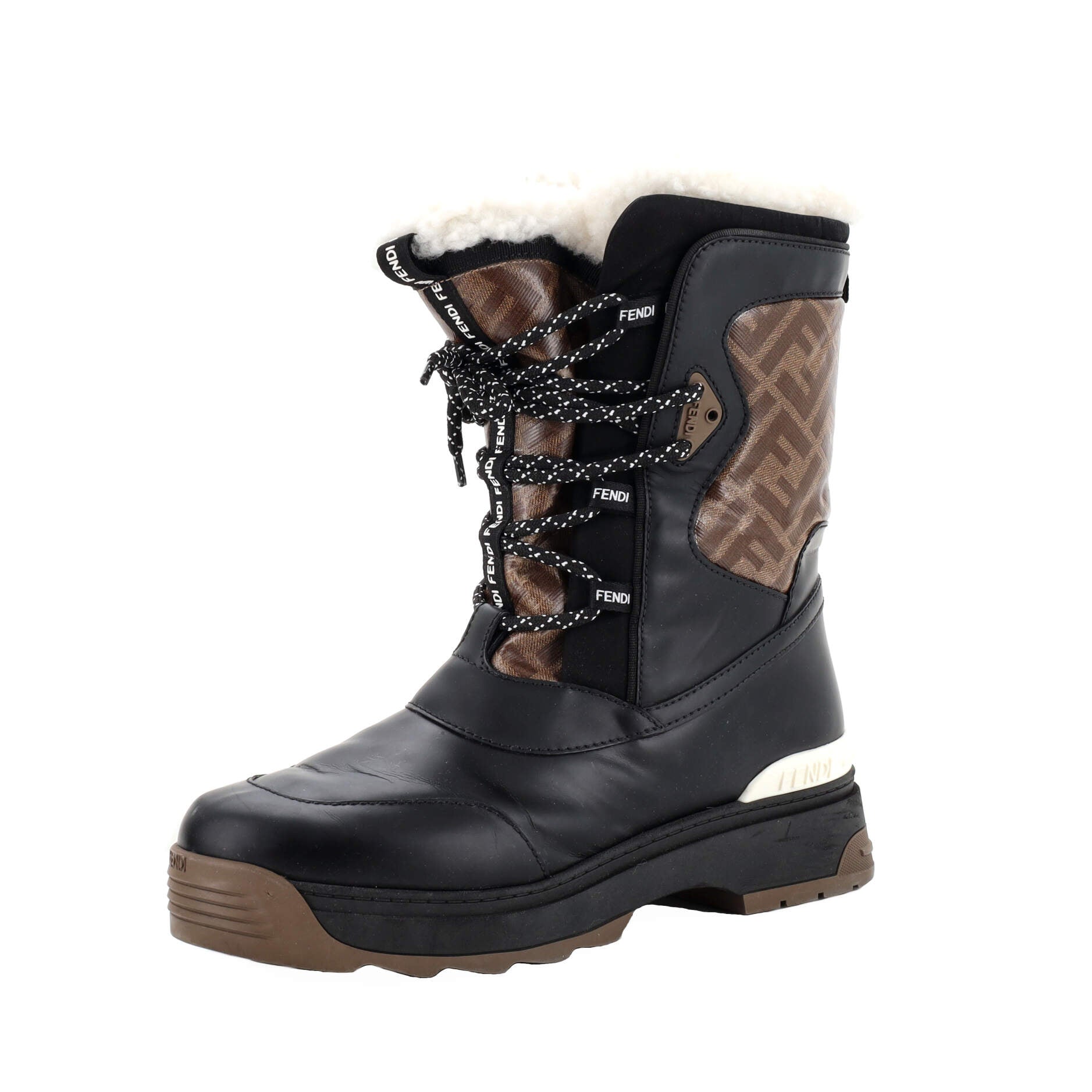 Women's T-Rex Lace Up Short Snow Boots Leather with Shearling and Zucca Coated Canvas