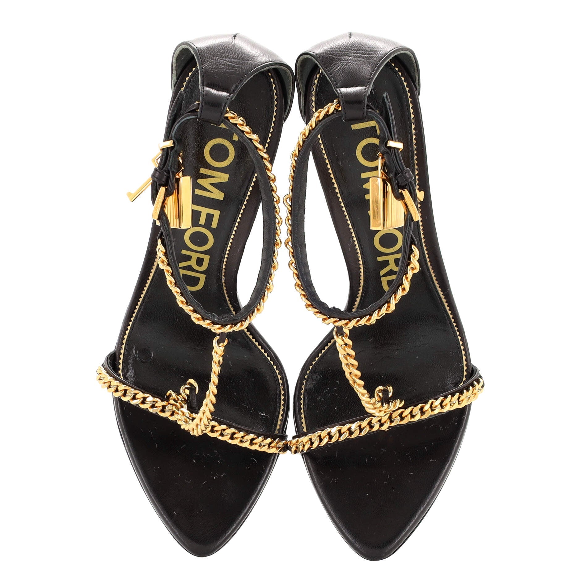 Women's Padlock Chain Pointy Naked Heeled Sandals Leather 105