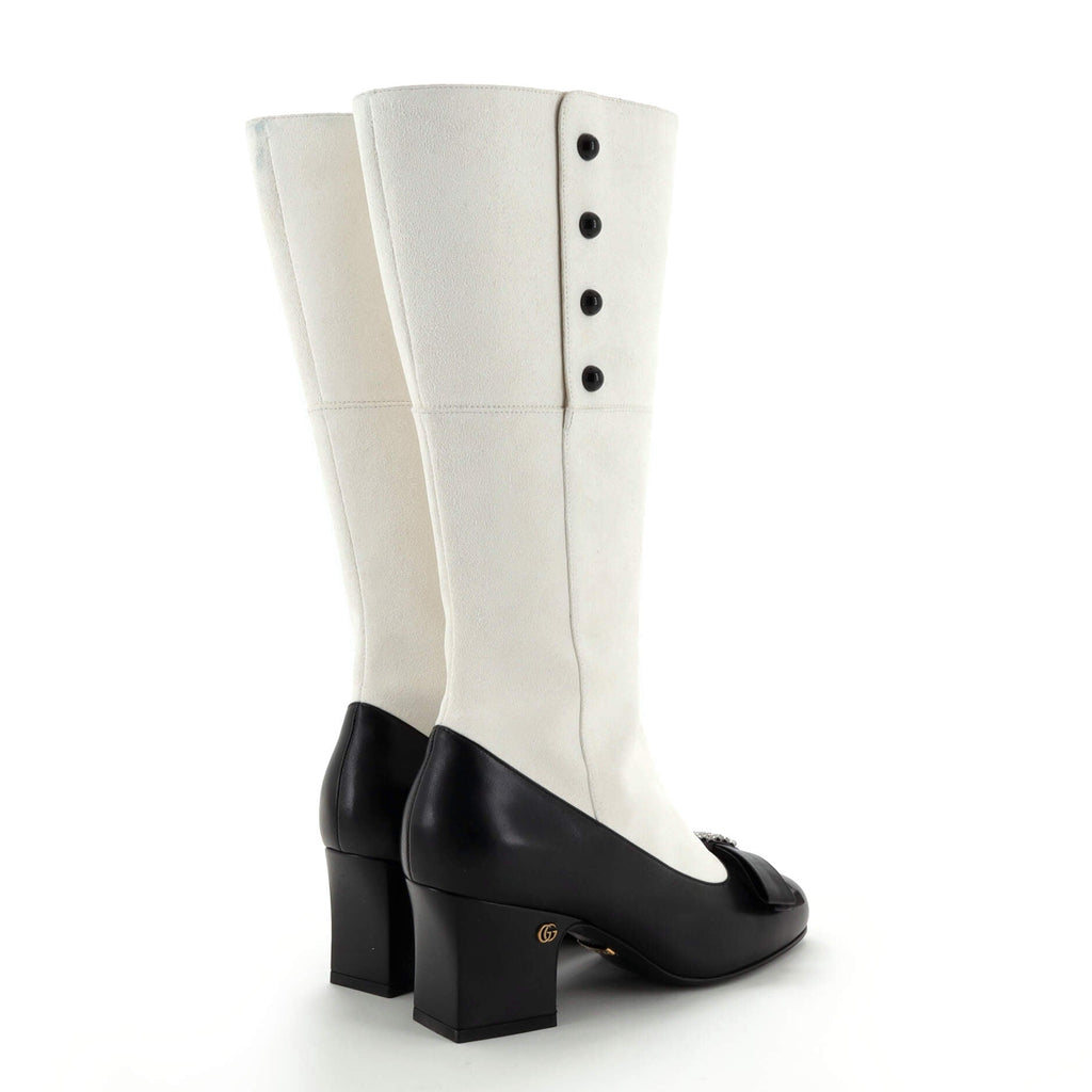 Women's Malaga Kid Knee High Bow Boots Suede with Leather and Crystals