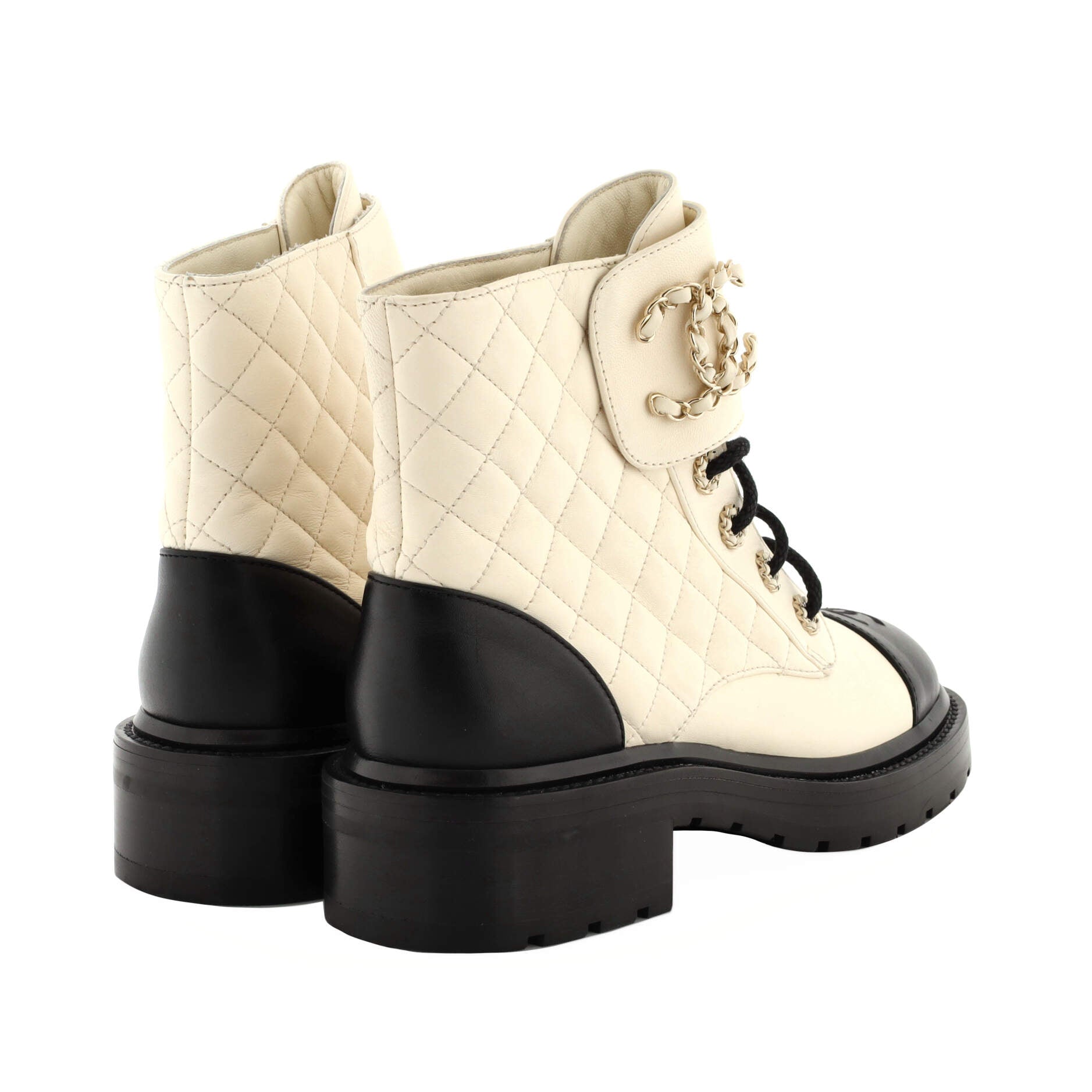 Women's Chain CC Cap Toe Lace Up Combat Boots Quilted Leather