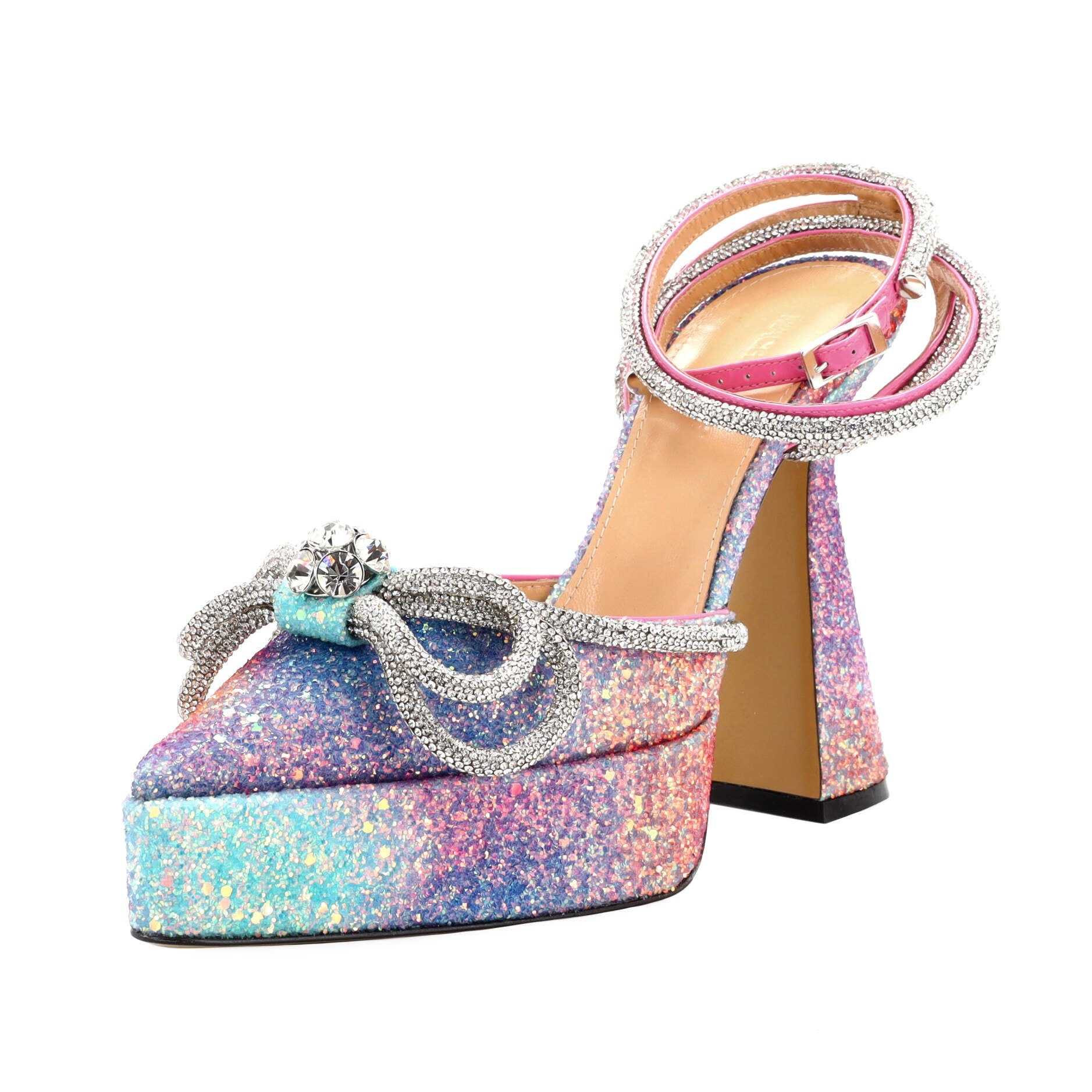 Women's Double Bow Ankle Strap Platform Pumps Glitter 140
