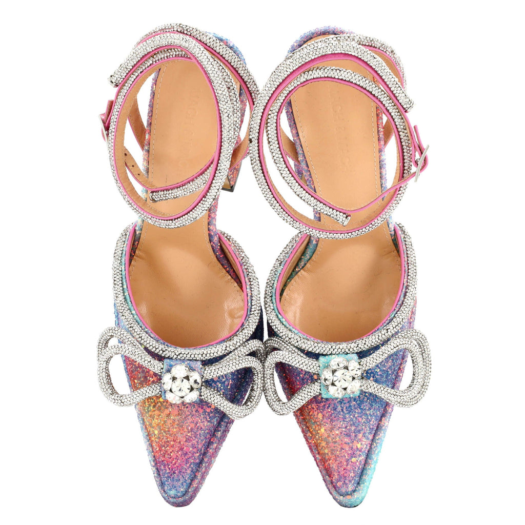 Women's Double Bow Ankle Strap Platform Pumps Glitter 140