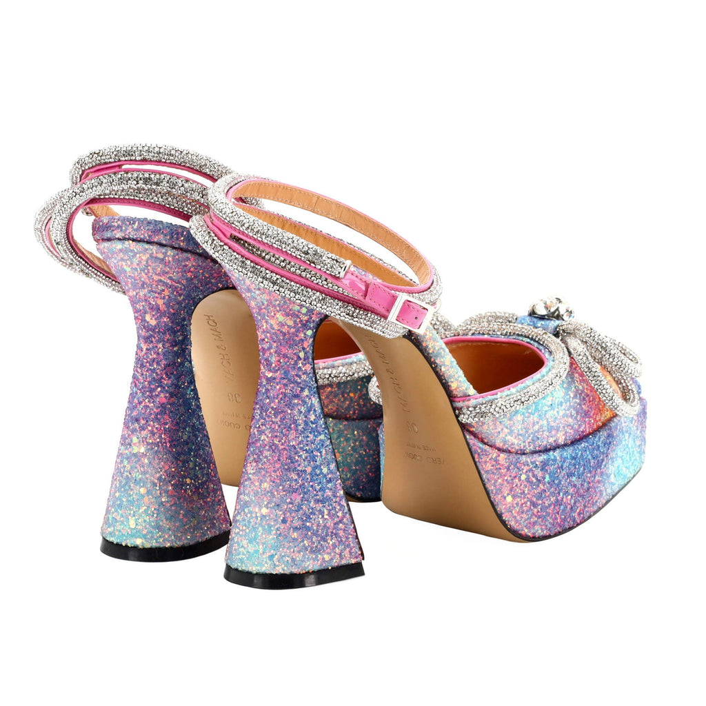 Women's Double Bow Ankle Strap Platform Pumps Glitter 140