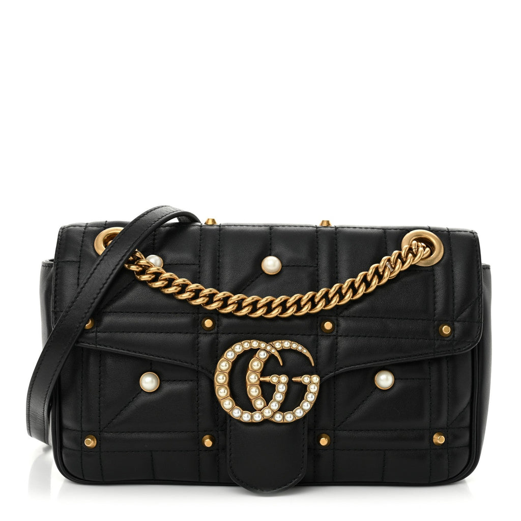 Calfskin Matelasse Studded Small Pearly GG Marmont Shoulder Bag Black