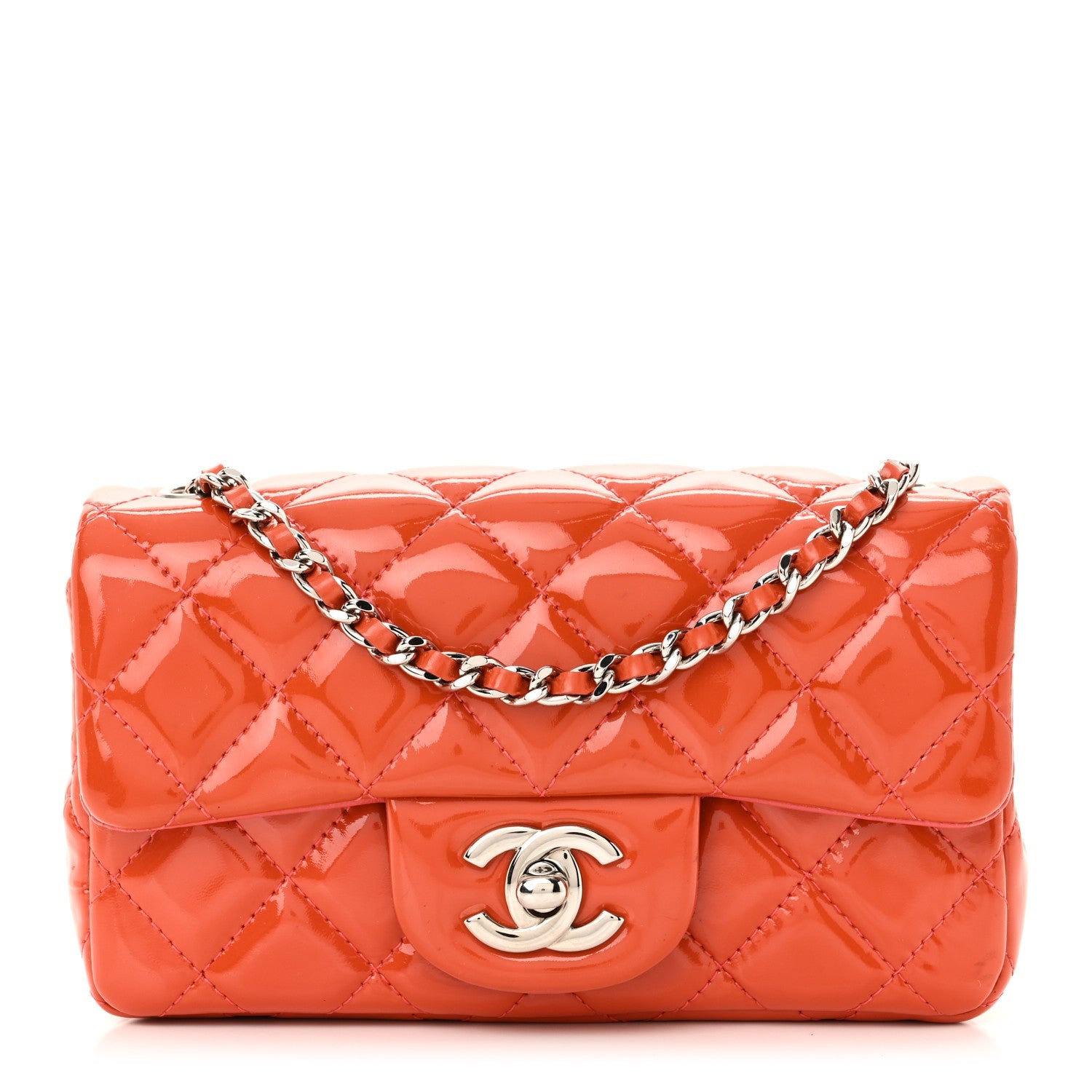 Patent Calfskin Quilted Extra Mini Rectangular Flap Orange