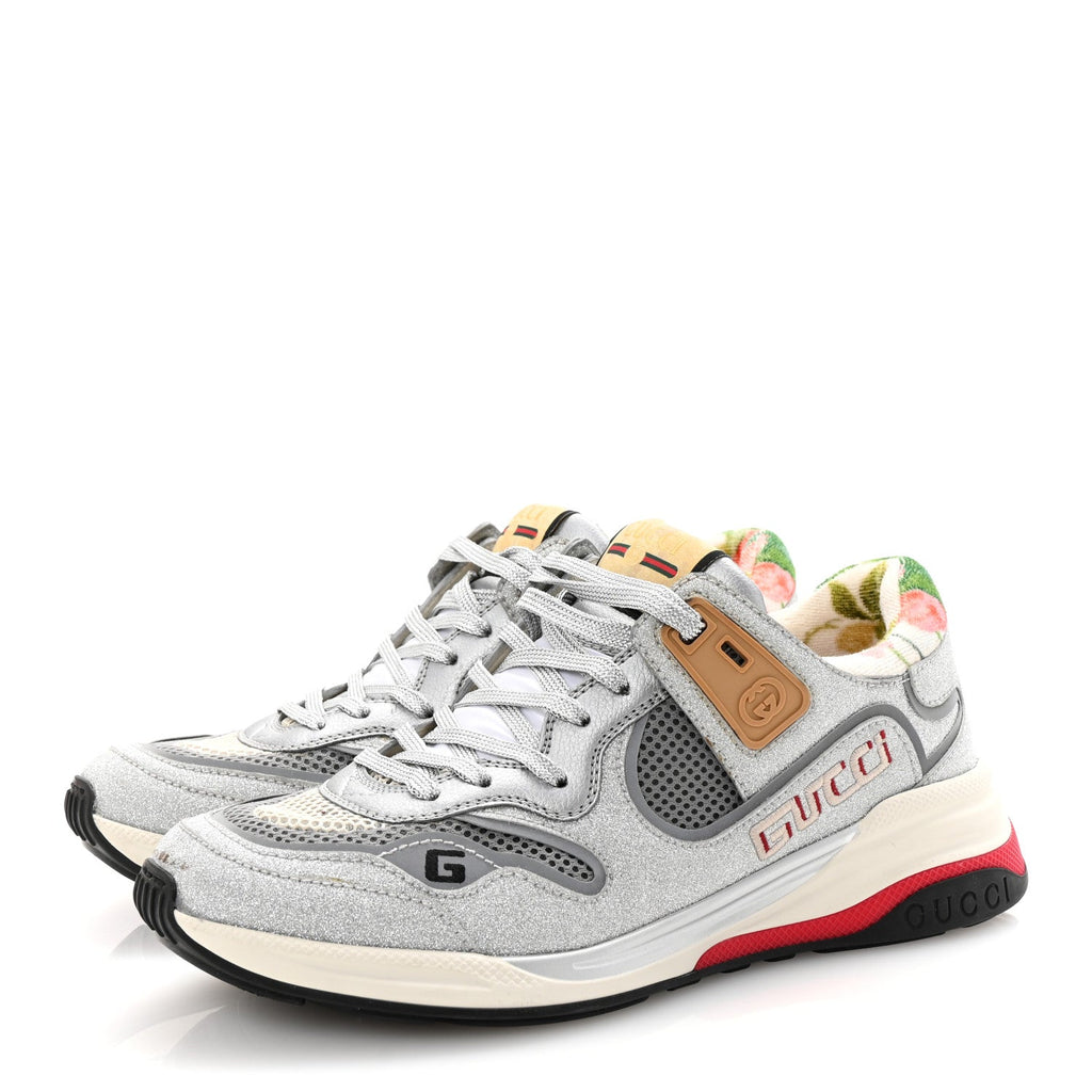 Metallic Calfskin Glitter Mesh Womens Ultrapace Sneakers 38 Silver Light Grey Mystic White