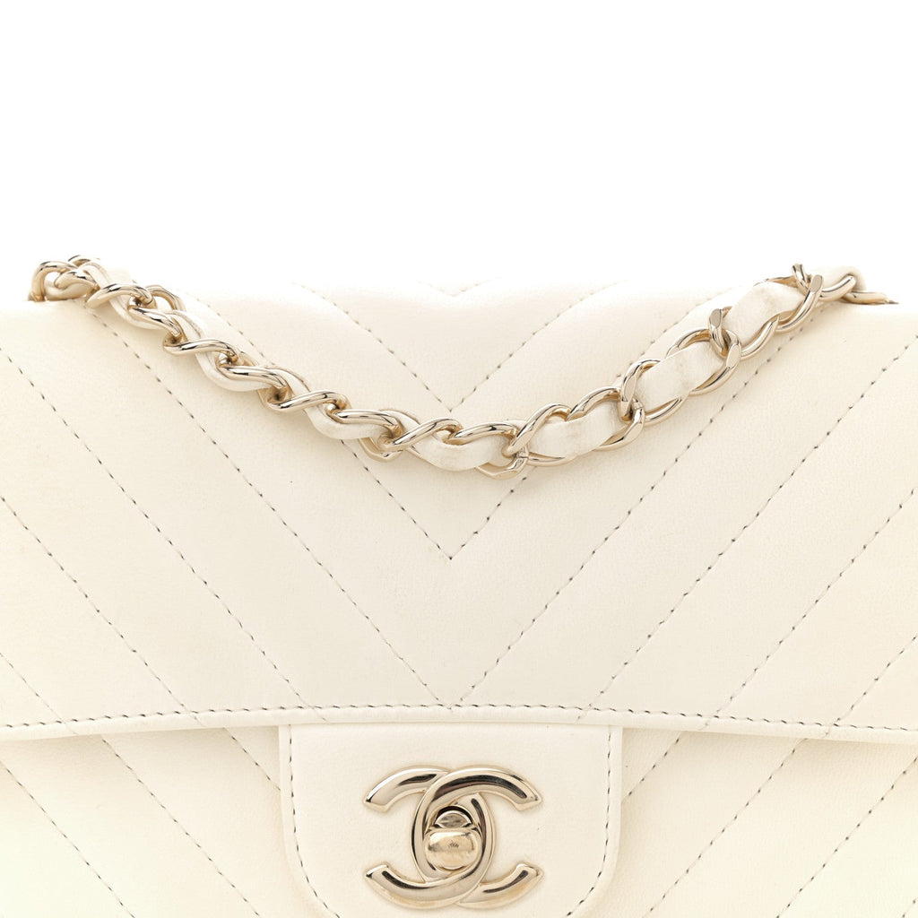 Lambskin Chevron Quilted Mini Rectangular Flap White