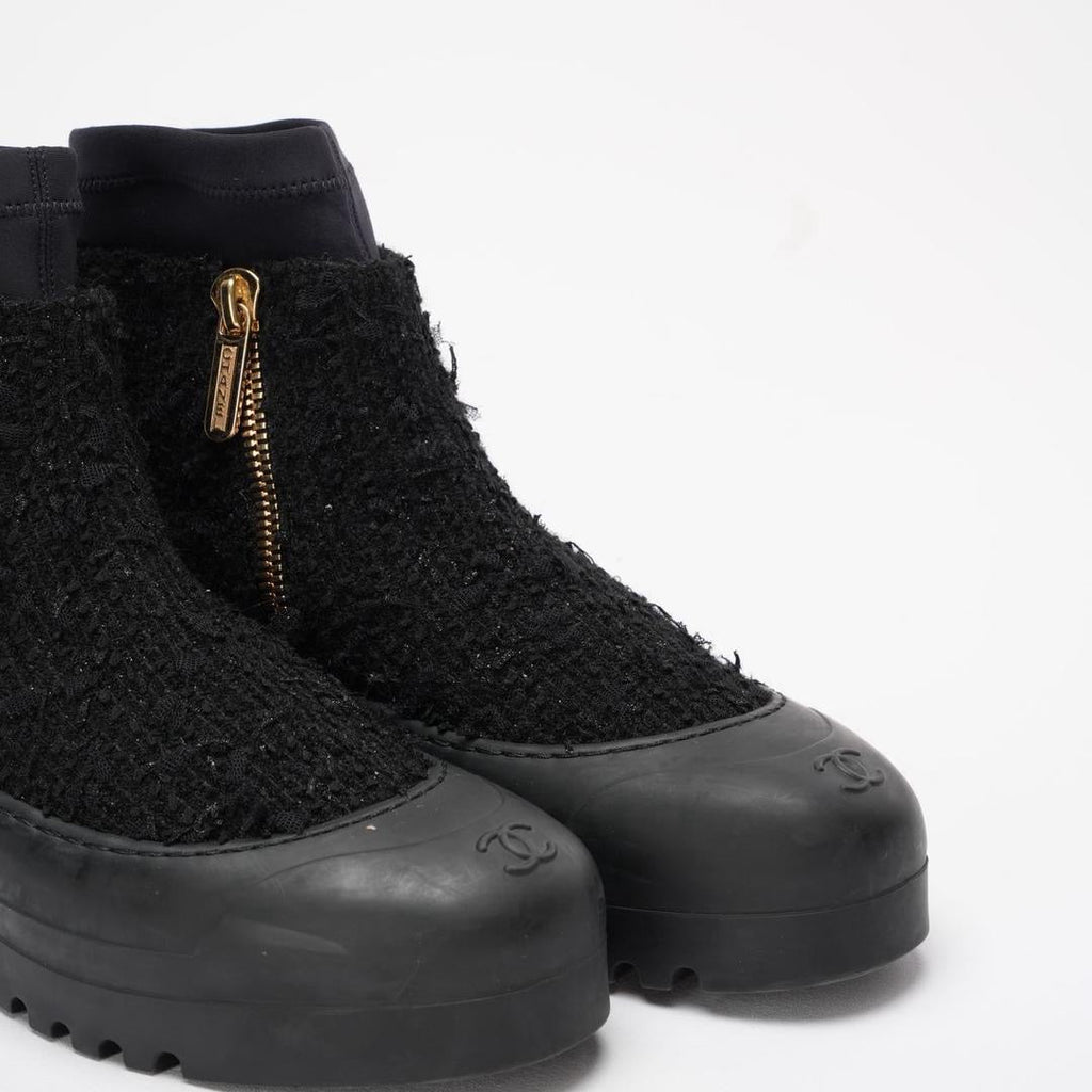 Chanel Black Tweed Rubber CC Short Boots Size 40