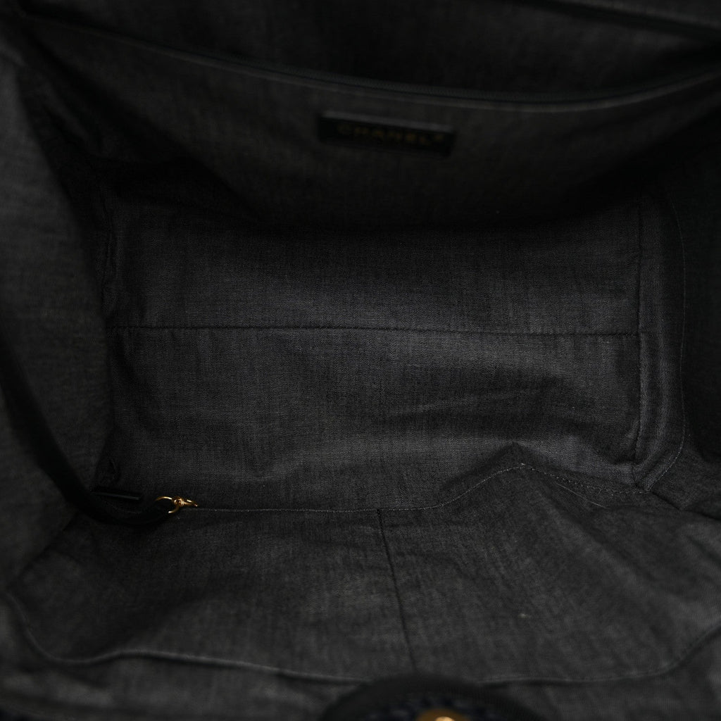 Straw Raffia Calfskin Chain Medium Deauville Tote Black
