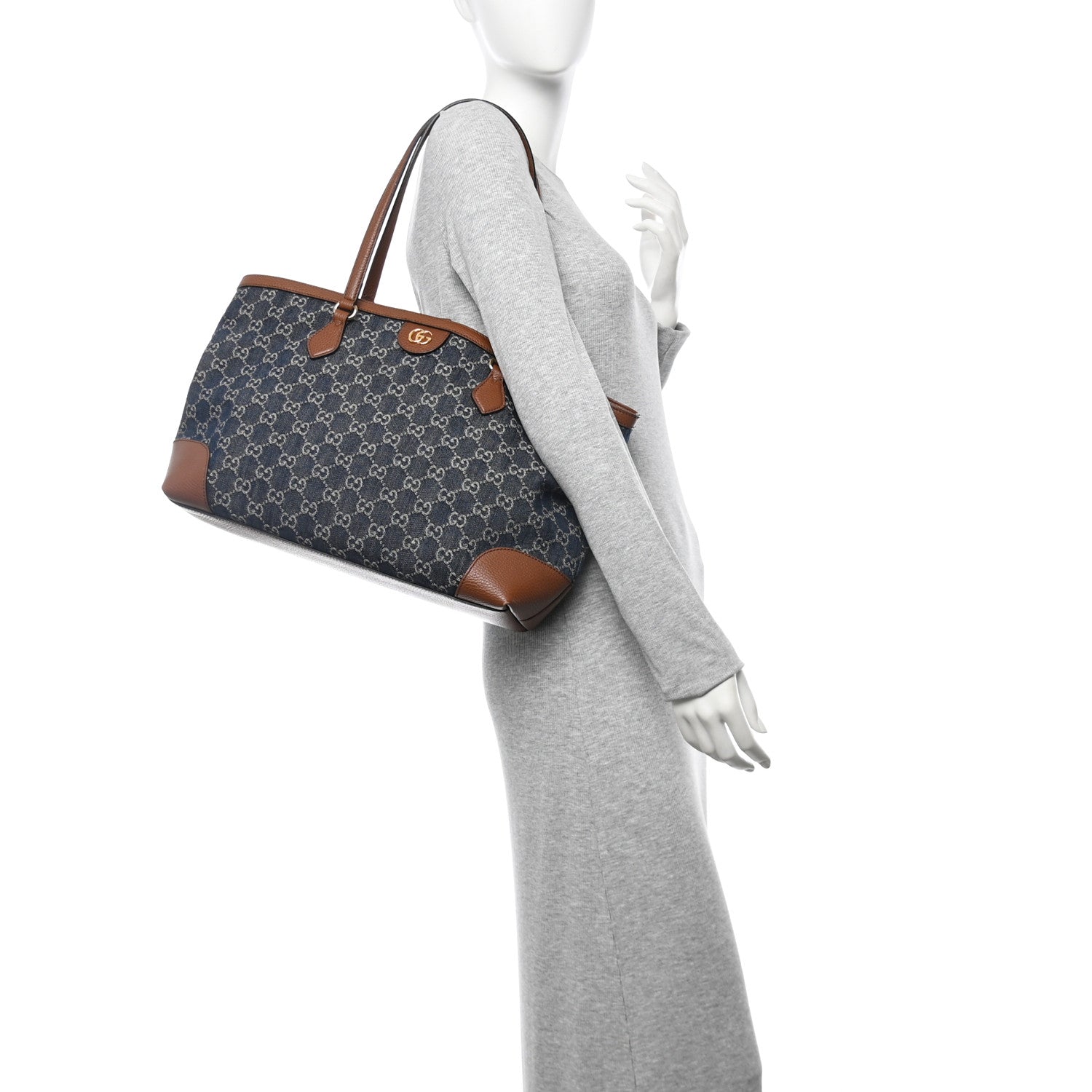 New Denim GG Monogram Medium Ophidia Shopping Tote Blue Tea Cuir