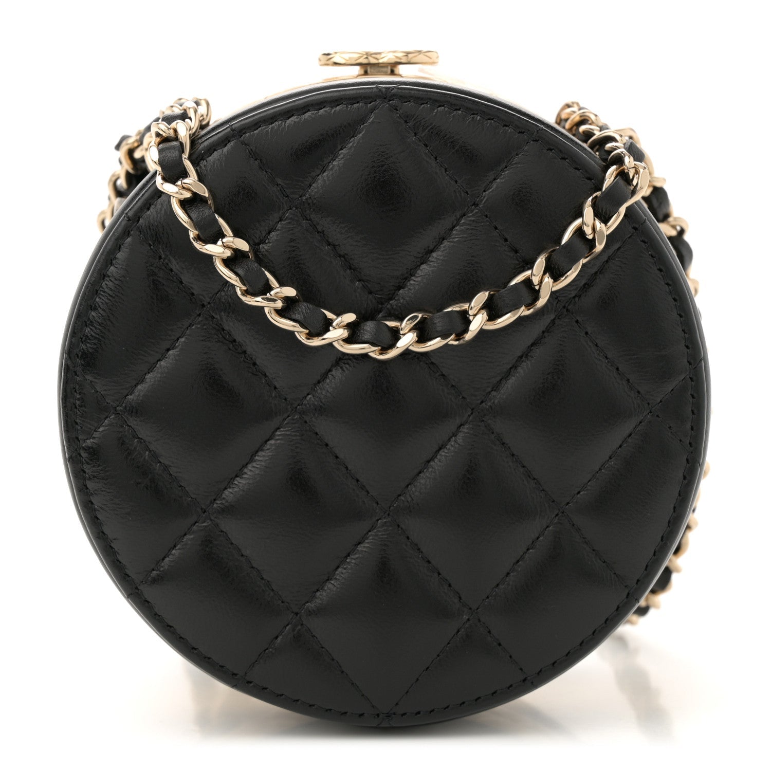 Metal Lambskin Quilted Round Lock Frame Vanity Clutch With Chain Black