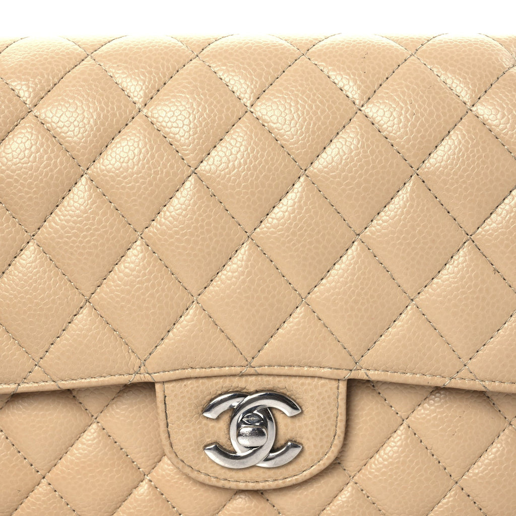 Caviar Quilted Medium Double Flap Beige