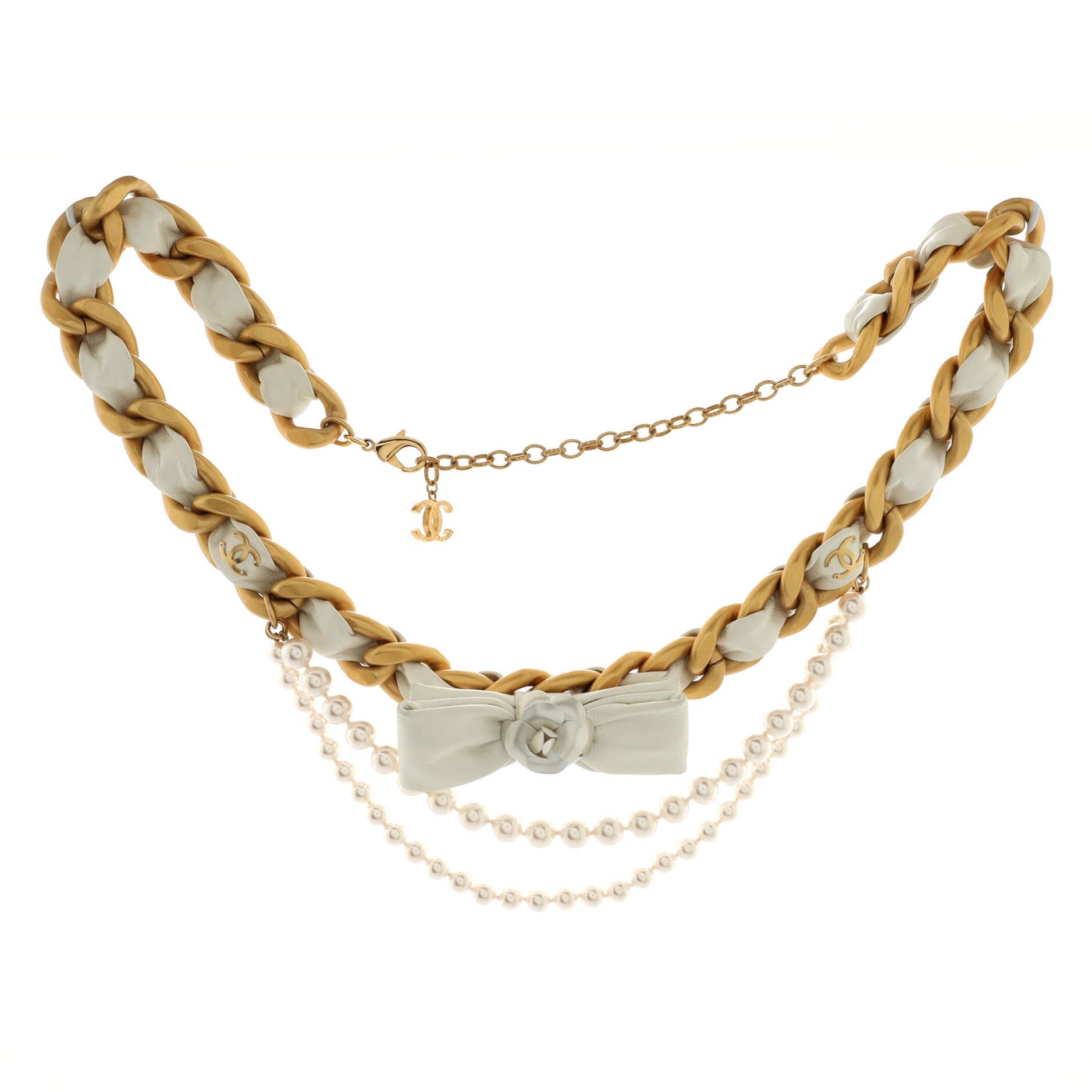 Camellia Bow Multistrand Chain Belt Leather with Metal and Faux Pearls 80