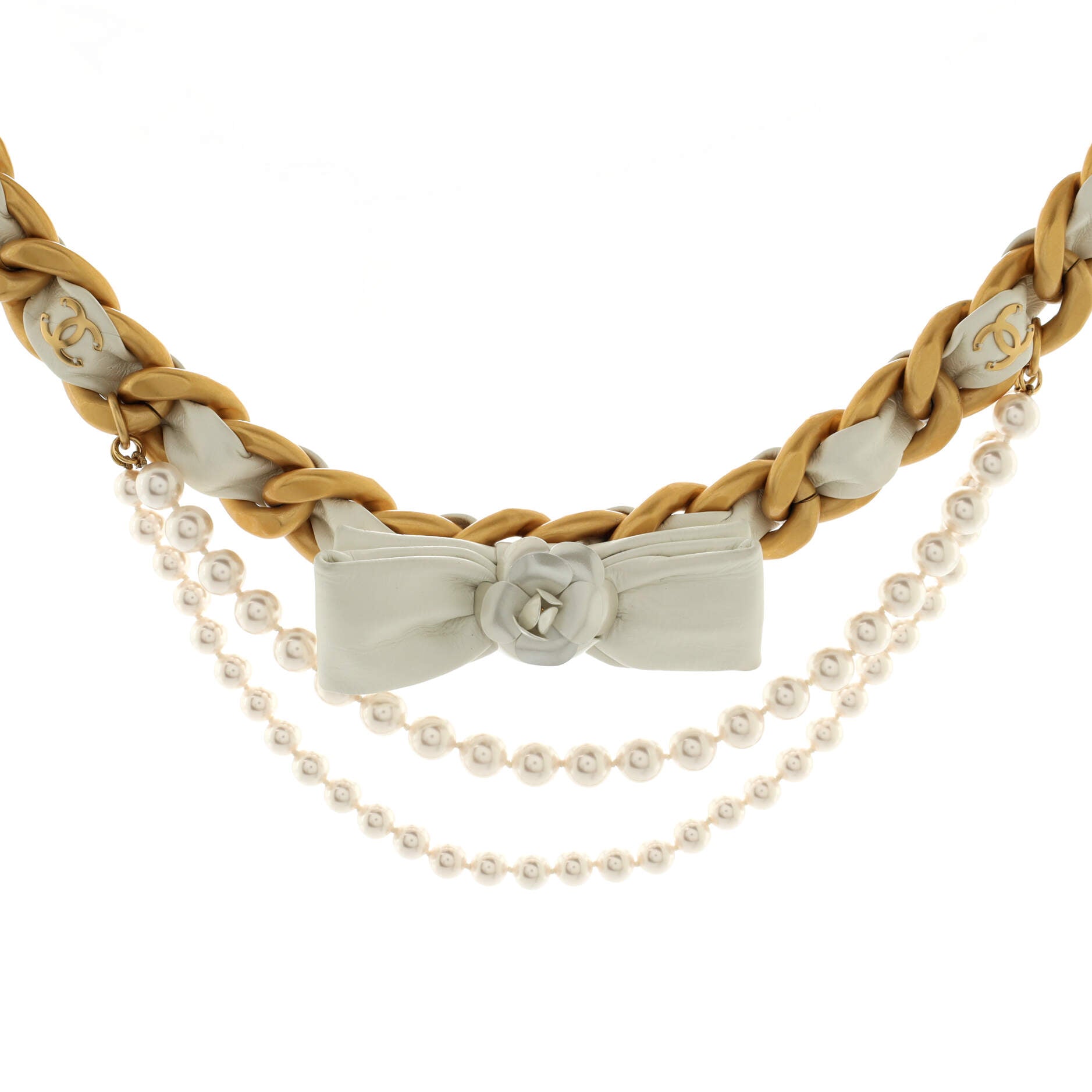 Camellia Bow Multistrand Chain Belt Leather with Metal and Faux Pearls 80