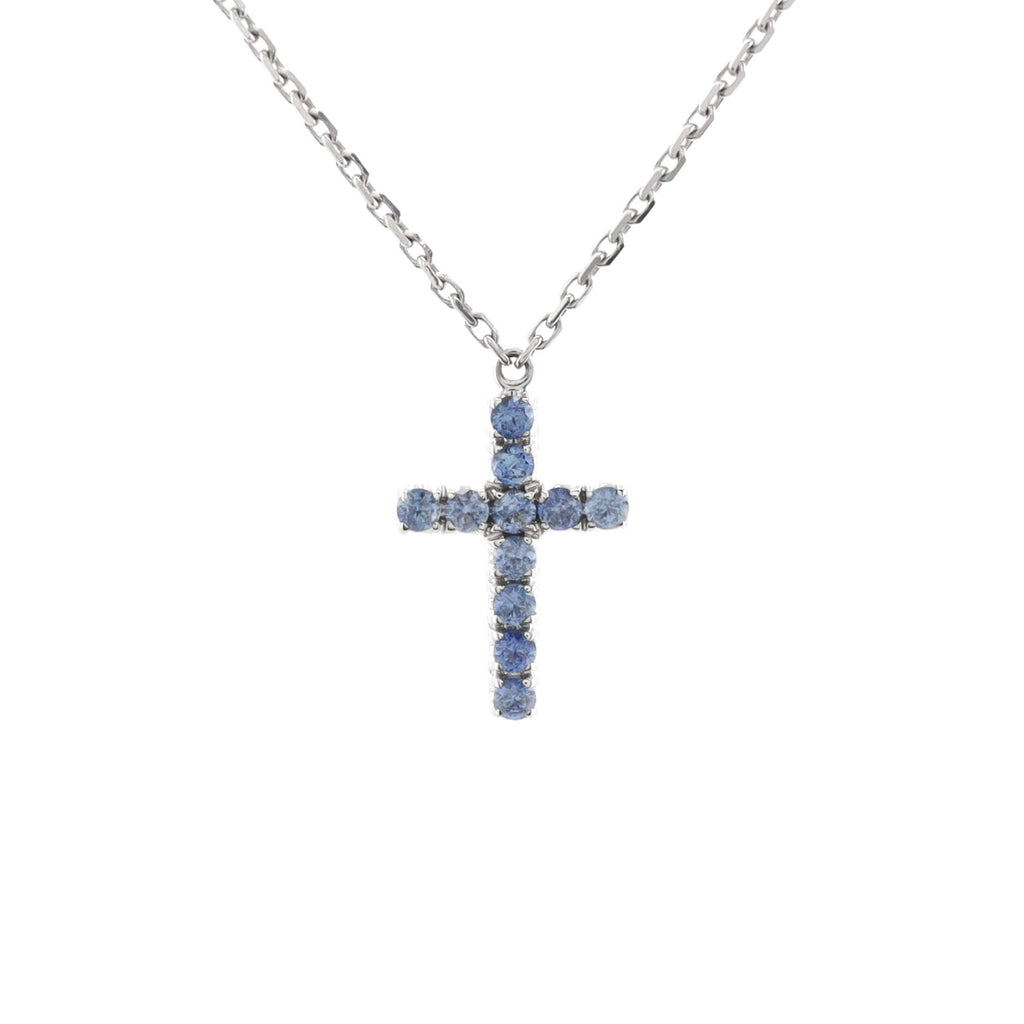 Cross Pendant Necklace 18K White Gold and Blue Sapphires