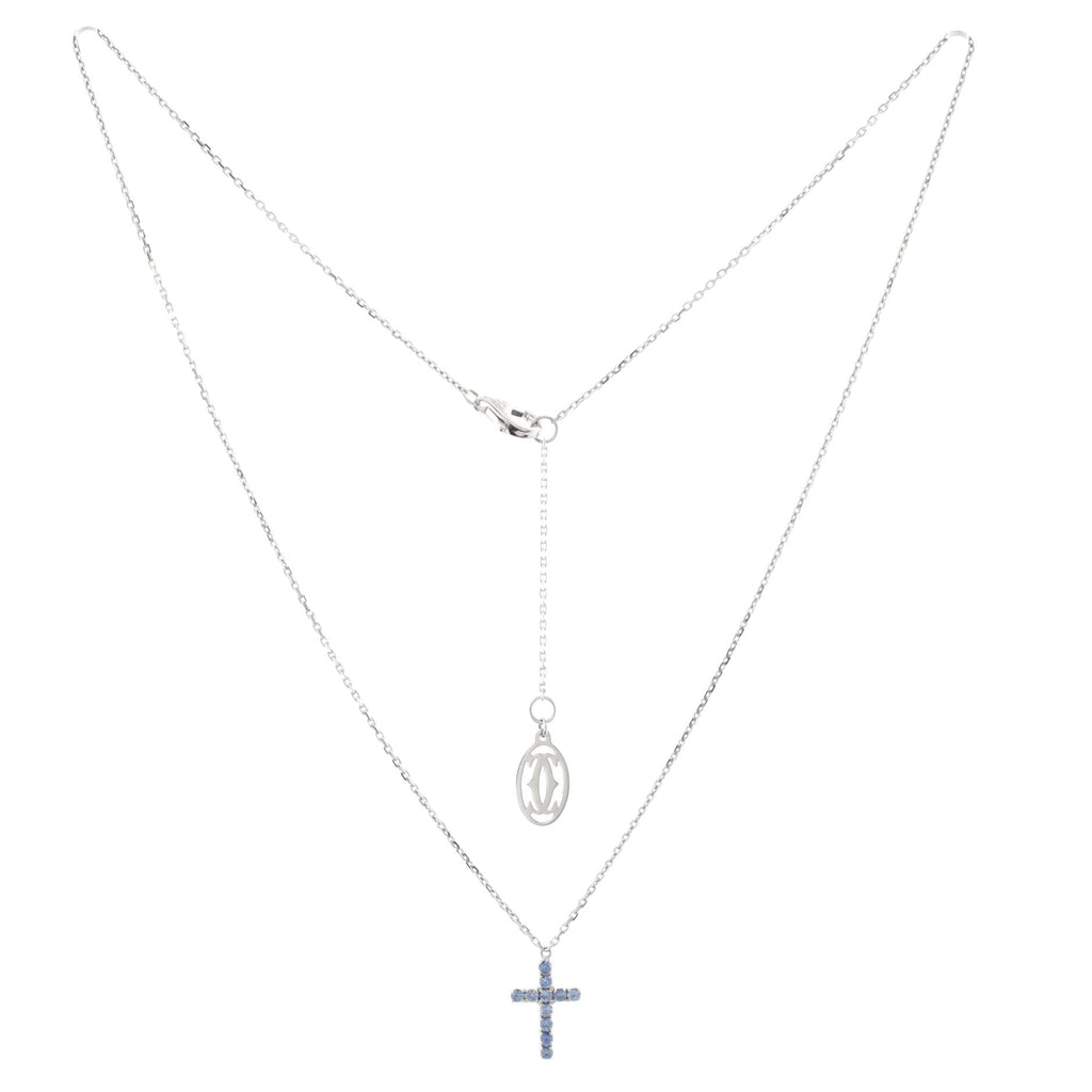 Cross Pendant Necklace 18K White Gold and Blue Sapphires