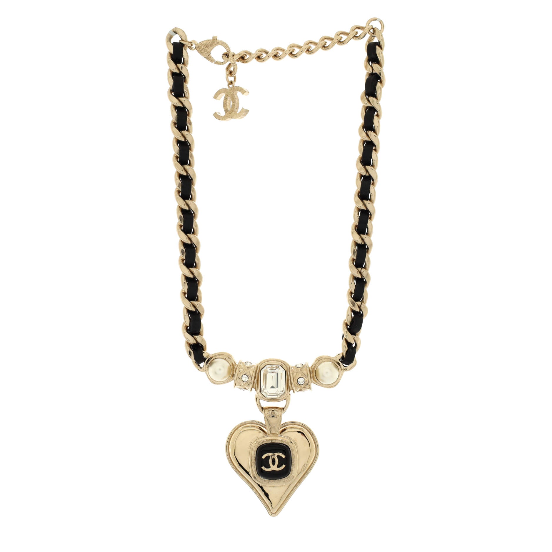 CC Heart Drop Pendant Necklace Metal with Leather and Crystal