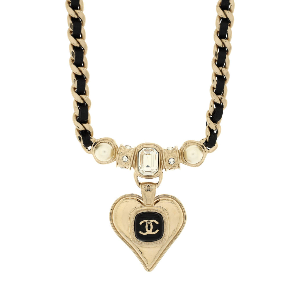 CC Heart Drop Pendant Necklace Metal with Leather and Crystal