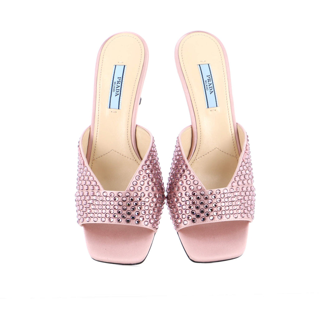 Women's Logo Heeled Sandals Crystal Embellished Satin