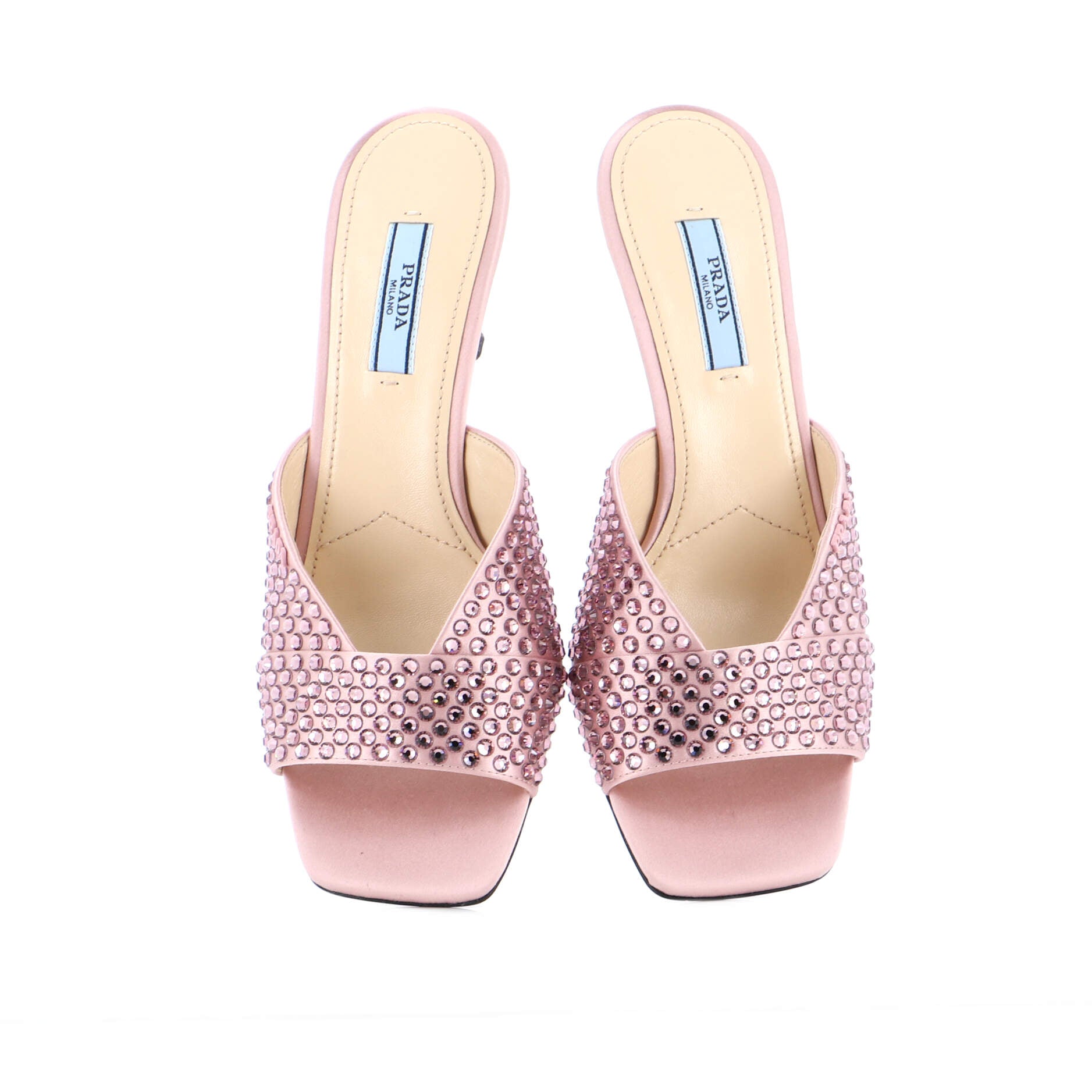 Women's Logo Heeled Sandals Crystal Embellished Satin
