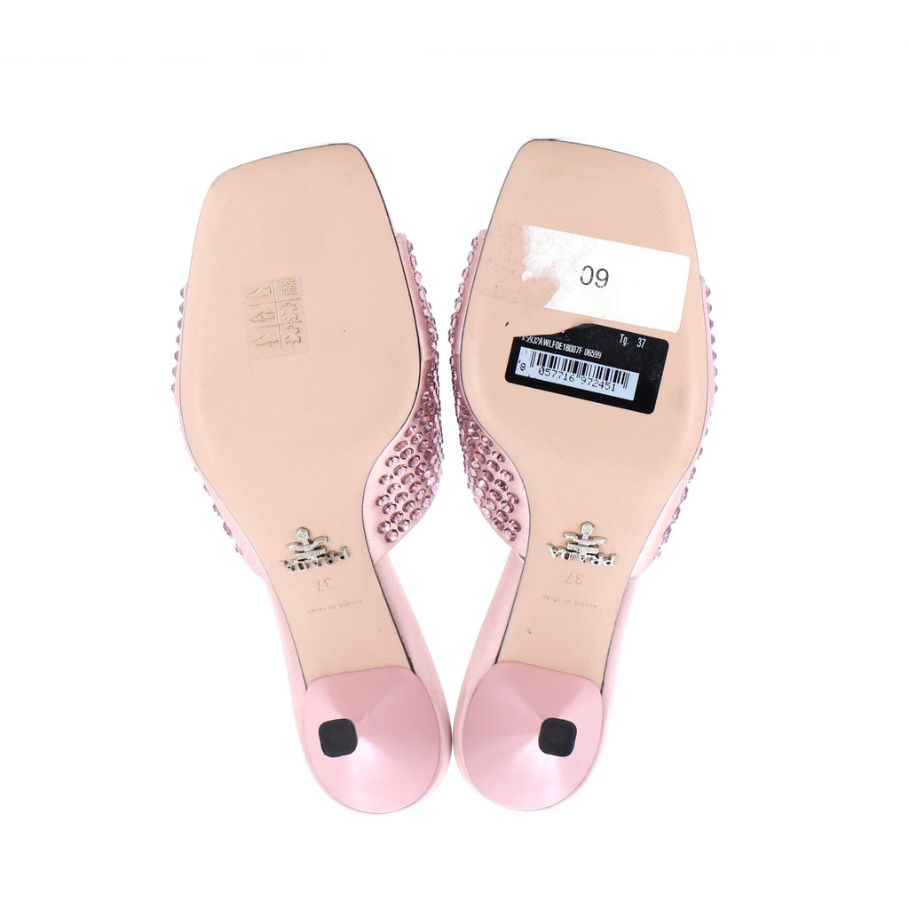 Women's Logo Heeled Sandals Crystal Embellished Satin