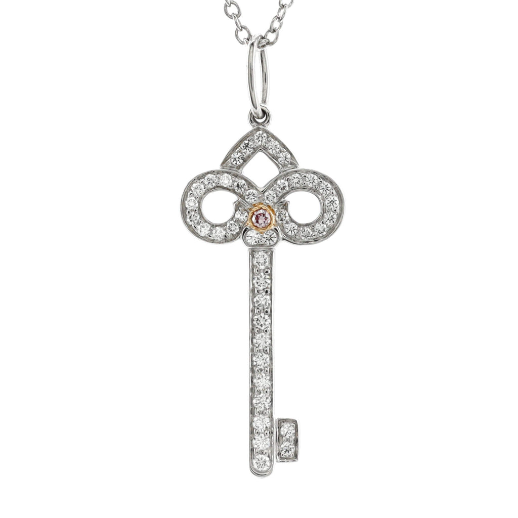 Fleur de Lis Key Pendant Necklace Platinum and 18K Rose Gold with Pink and White Diamonds Small