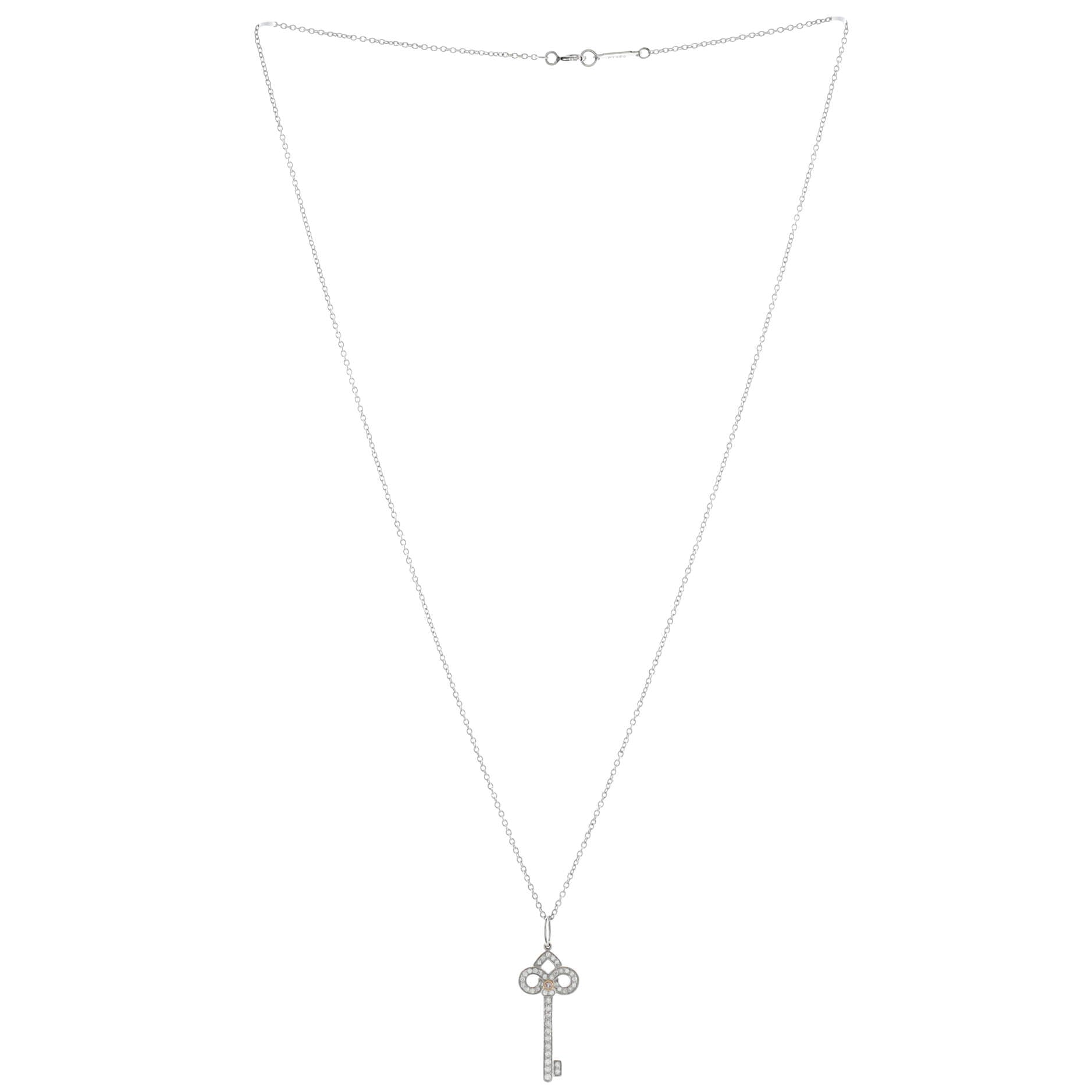 Fleur de Lis Key Pendant Necklace Platinum and 18K Rose Gold with Pink and White Diamonds Small