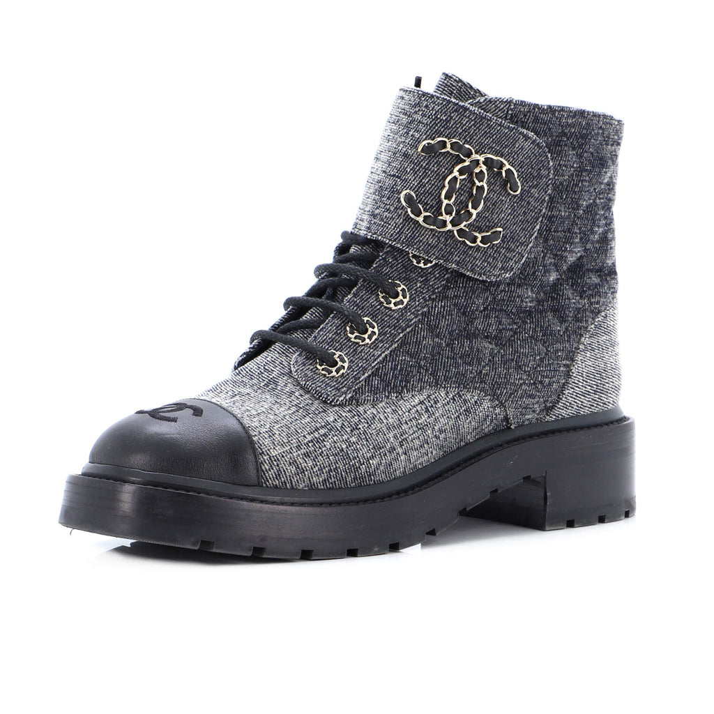 Women's Chain CC Cap Toe Lace Up Combat Boots Quilted Denim and Leather