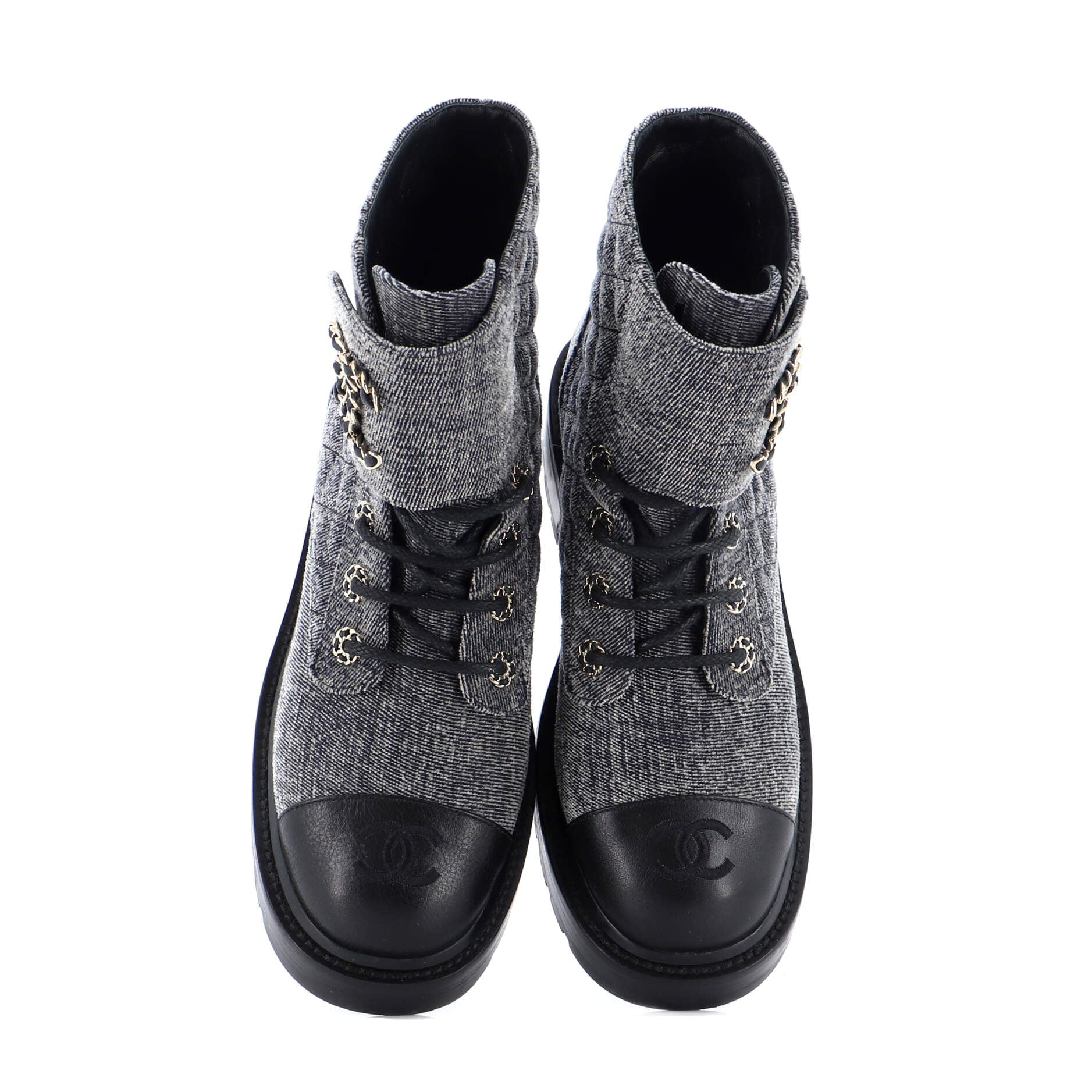 Women's Chain CC Cap Toe Lace Up Combat Boots Quilted Denim and Leather