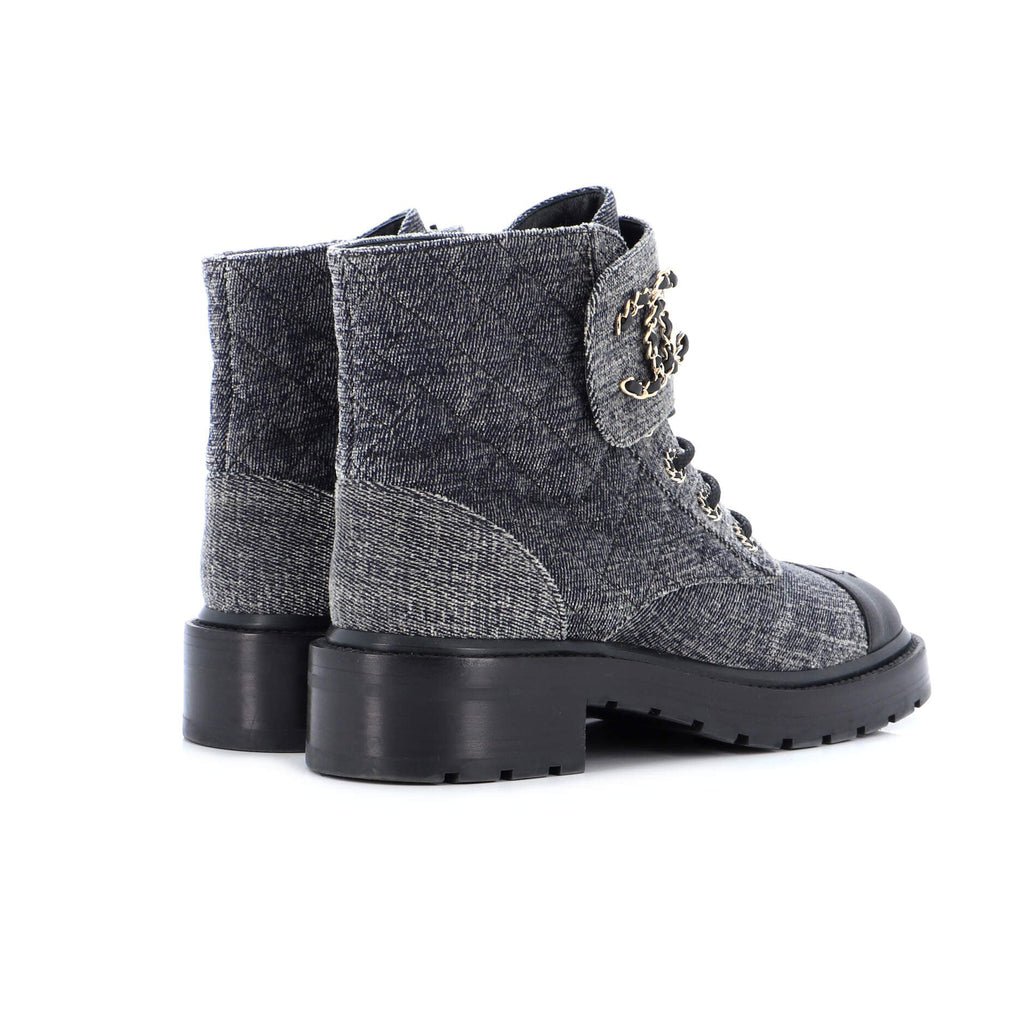 Women's Chain CC Cap Toe Lace Up Combat Boots Quilted Denim and Leather