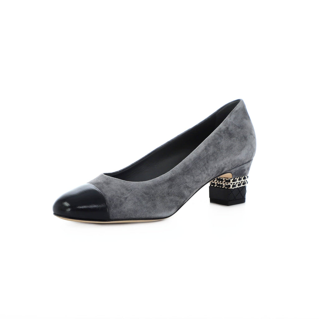 Women's Cap Toe Pumps Suede and Leather with Chain Detail