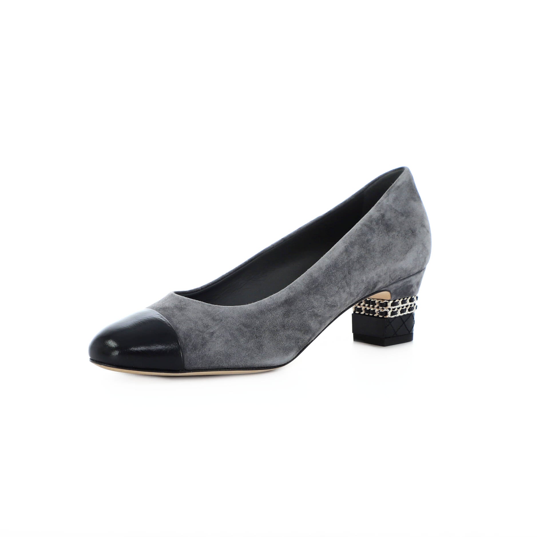 Women's Cap Toe Pumps Suede and Leather with Chain Detail