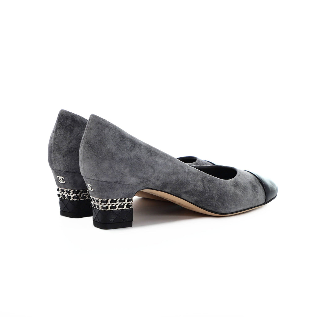 Women's Cap Toe Pumps Suede and Leather with Chain Detail