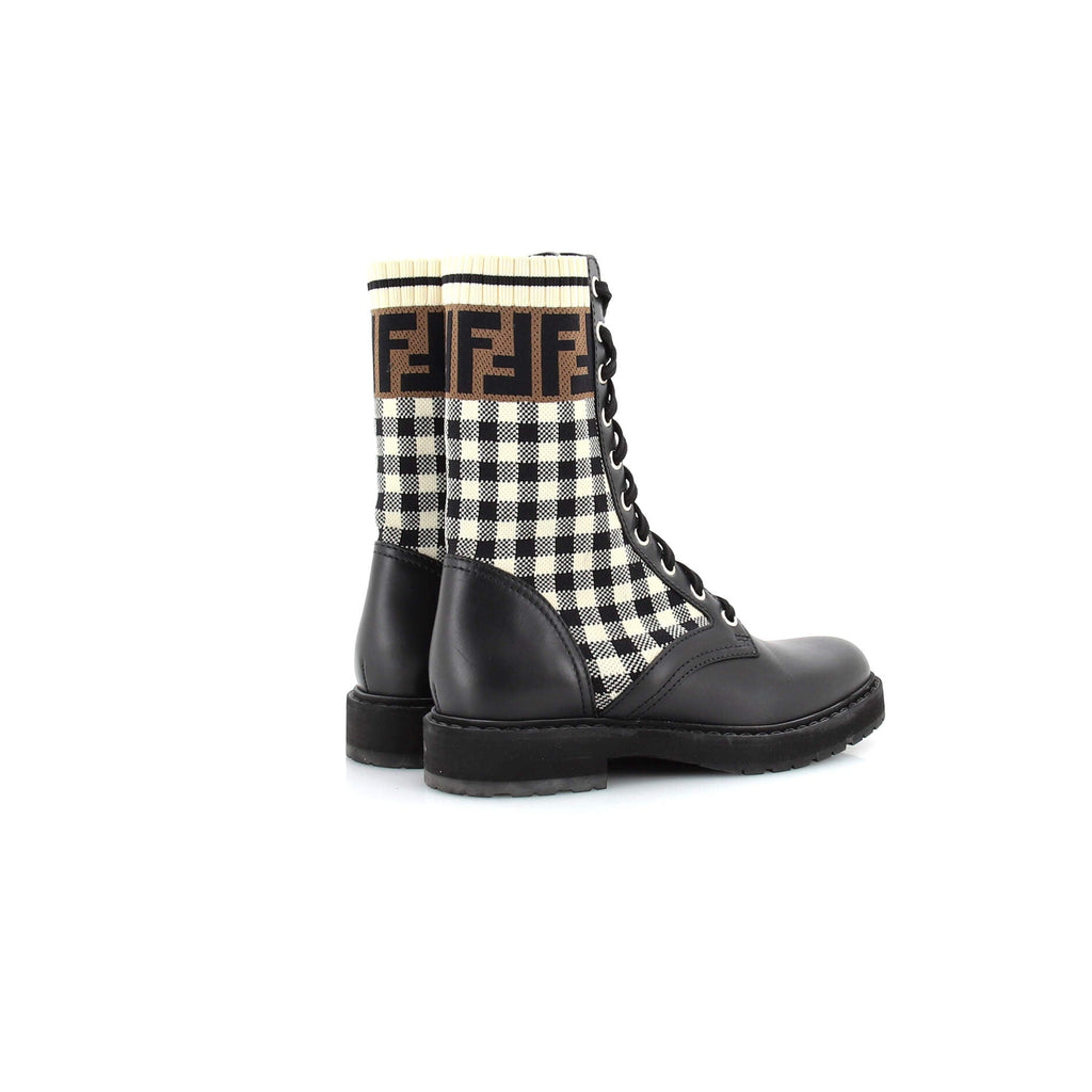 Women's Rockoko Combat Boots Leather with Printed Knit Stretch Fabric and Zucca Trim