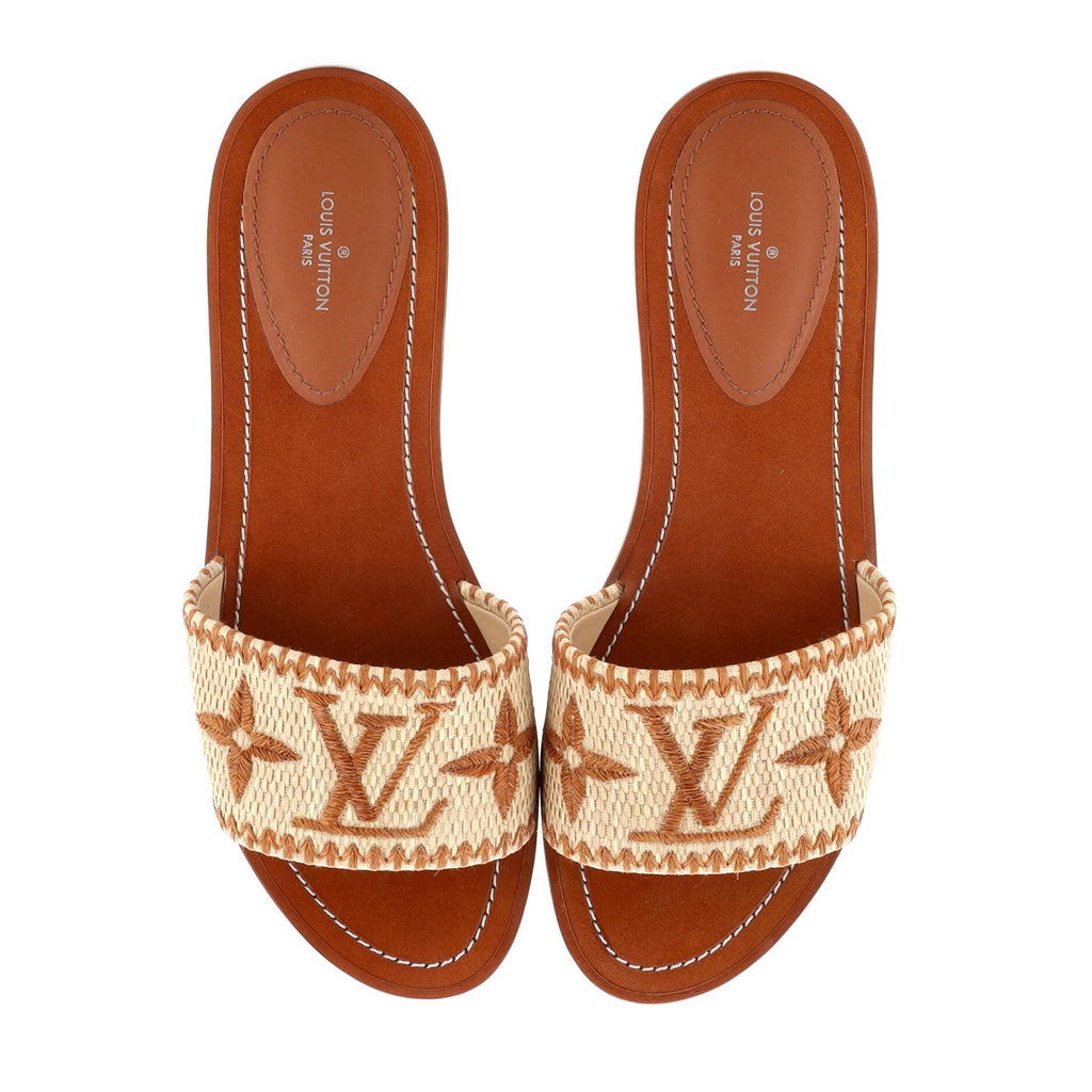 Women's Lock It Flat Mule Sandals Monogram Giant Raffia with Leather