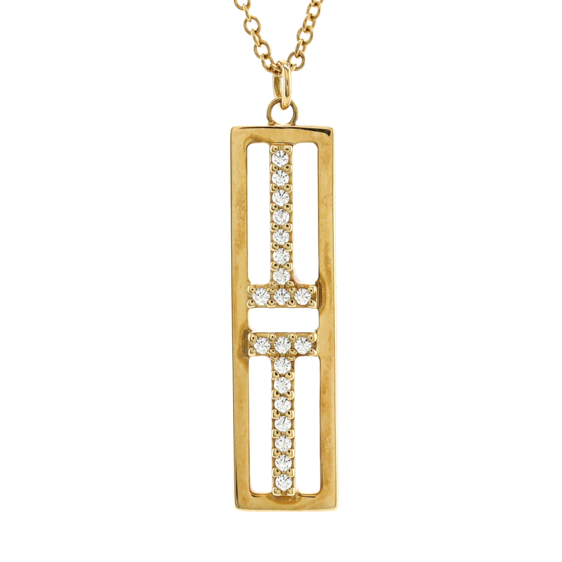T Open Vertical Diamond Bar Pendant Necklace 18K Yellow Gold with Diamonds