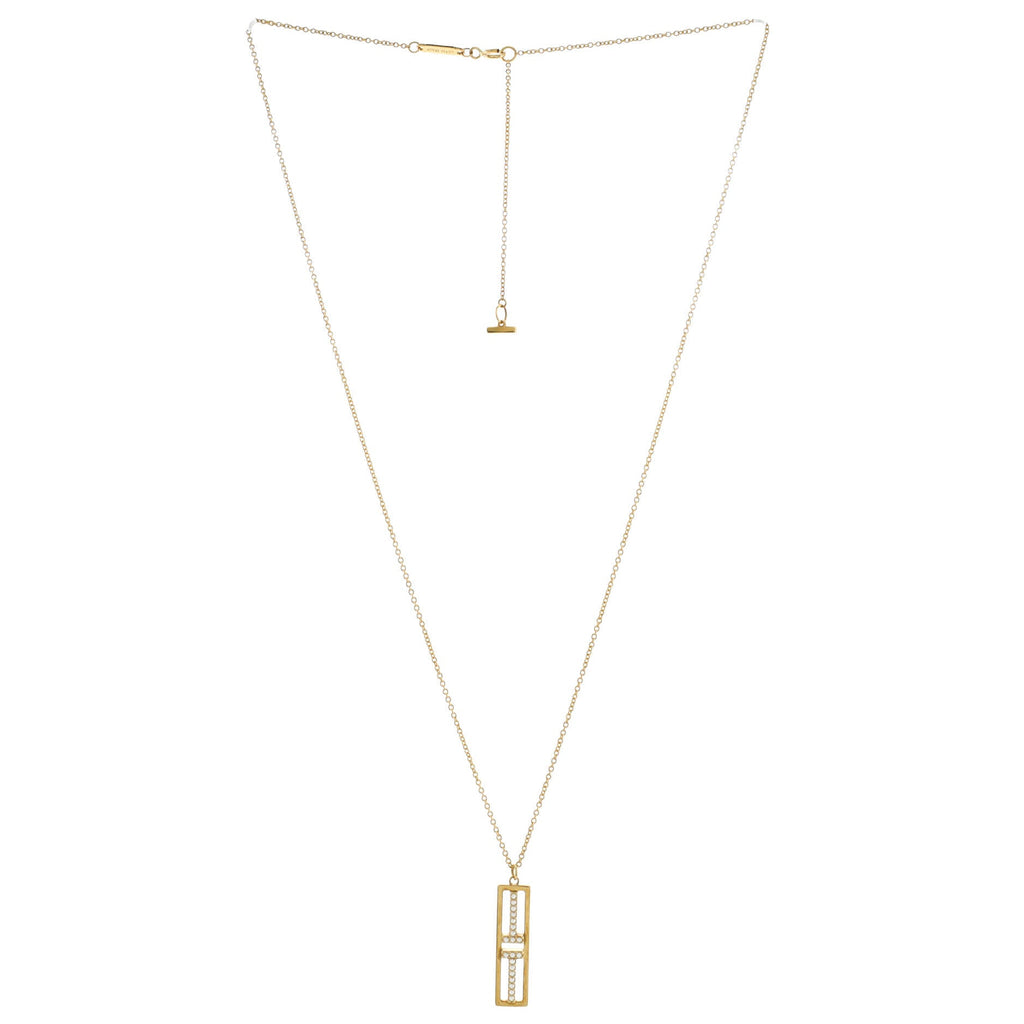 T Open Vertical Diamond Bar Pendant Necklace 18K Yellow Gold with Diamonds