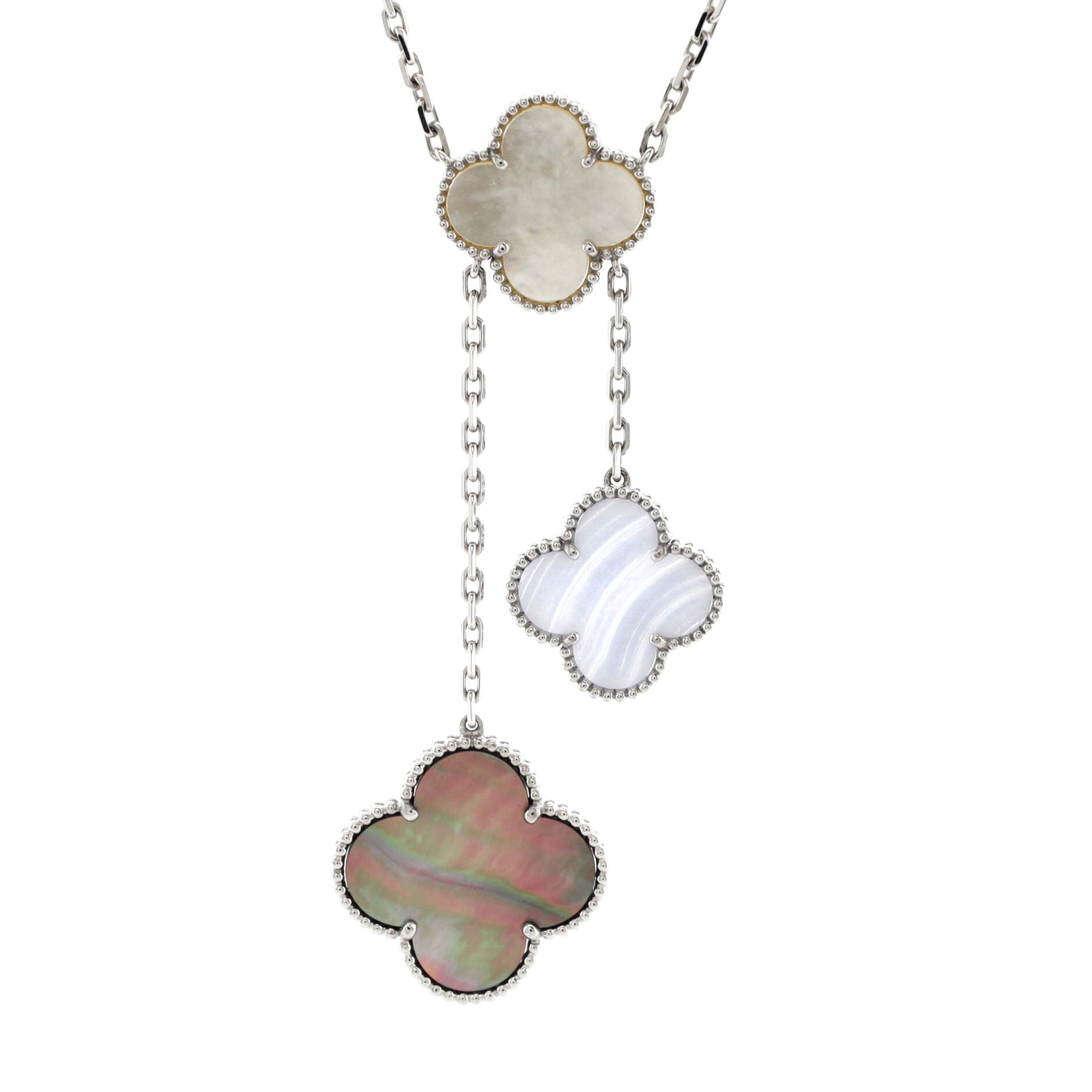 Magic Alhambra 6 Motifs Necklace 18K White Gold with Mother of Pearl and Chalcedony