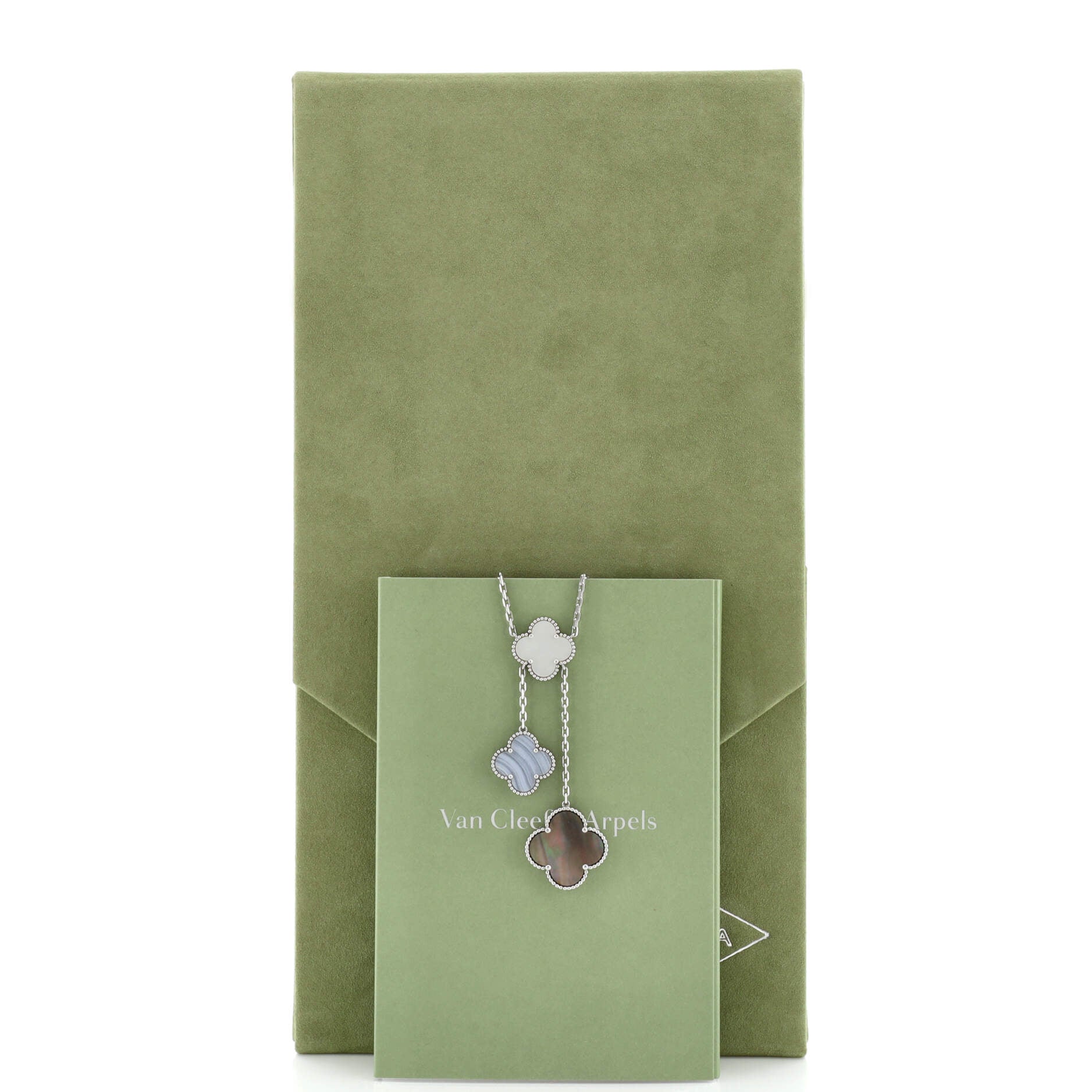 Magic Alhambra 6 Motifs Necklace 18K White Gold with Mother of Pearl and Chalcedony