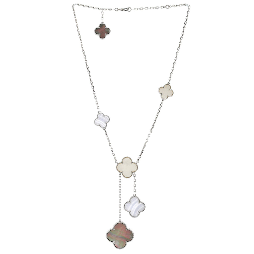 Magic Alhambra 6 Motifs Necklace 18K White Gold with Mother of Pearl and Chalcedony