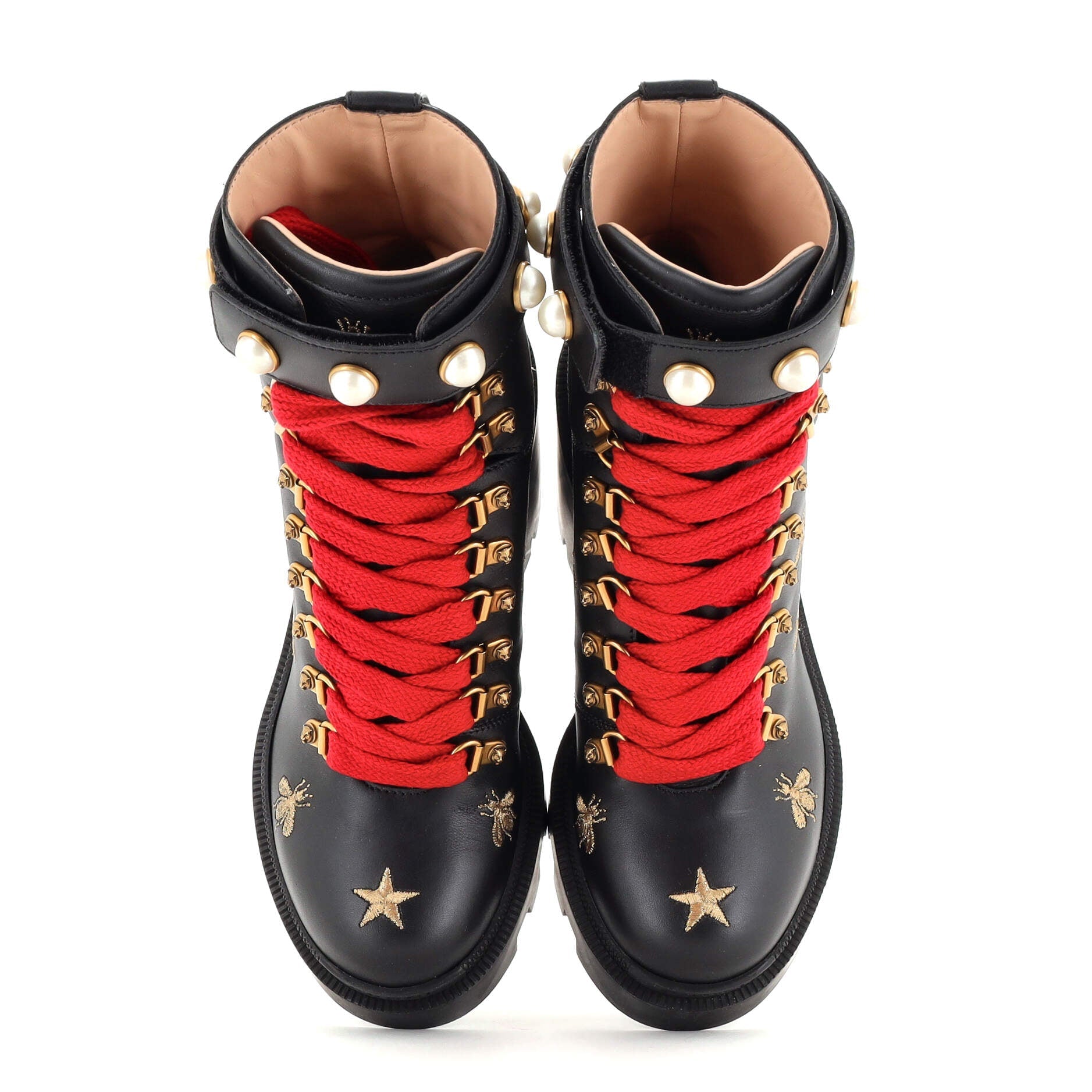 Women's Heeled Lace Up Combat Ankle Boots Leather with Faux Pearls