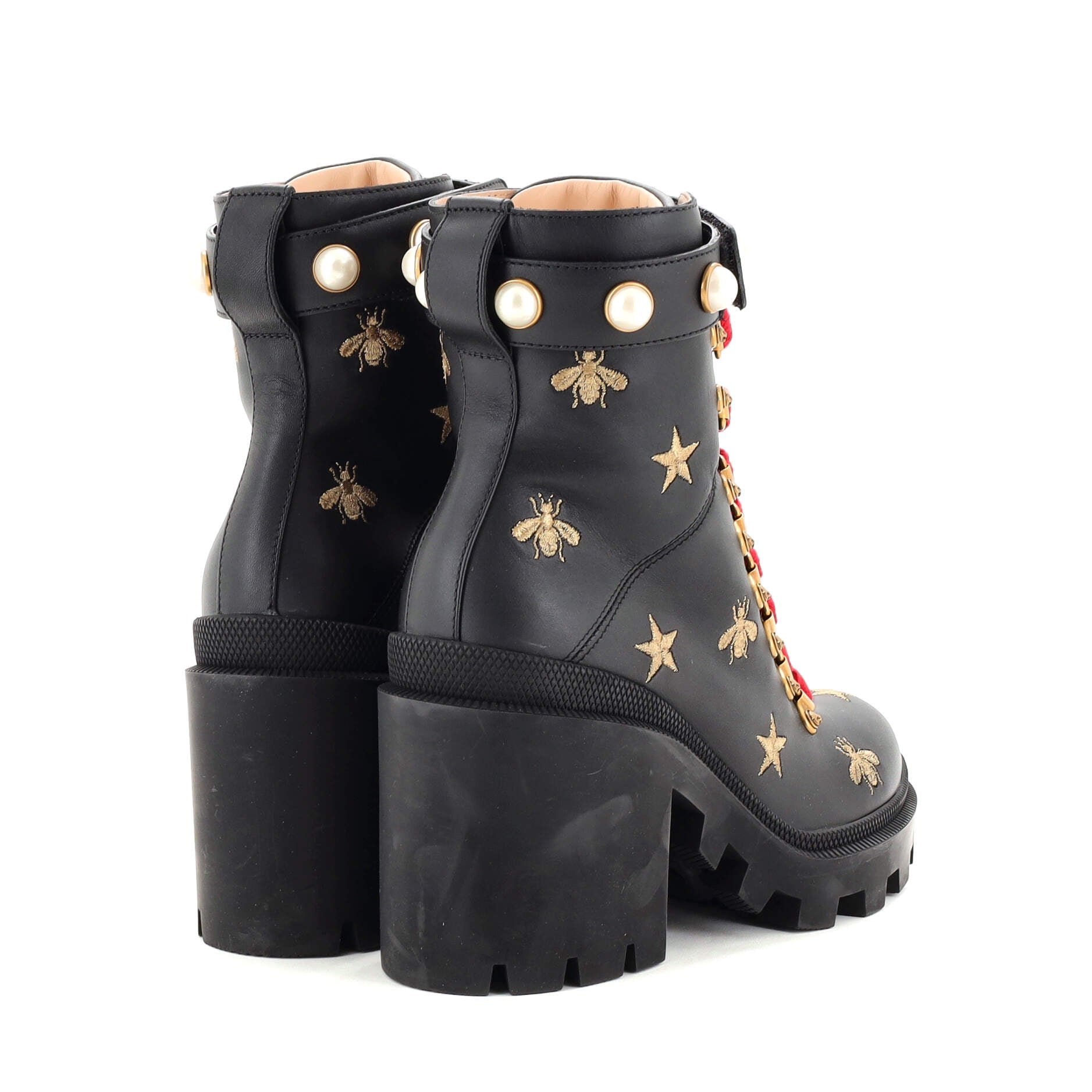 Women's Heeled Lace Up Combat Ankle Boots Leather with Faux Pearls