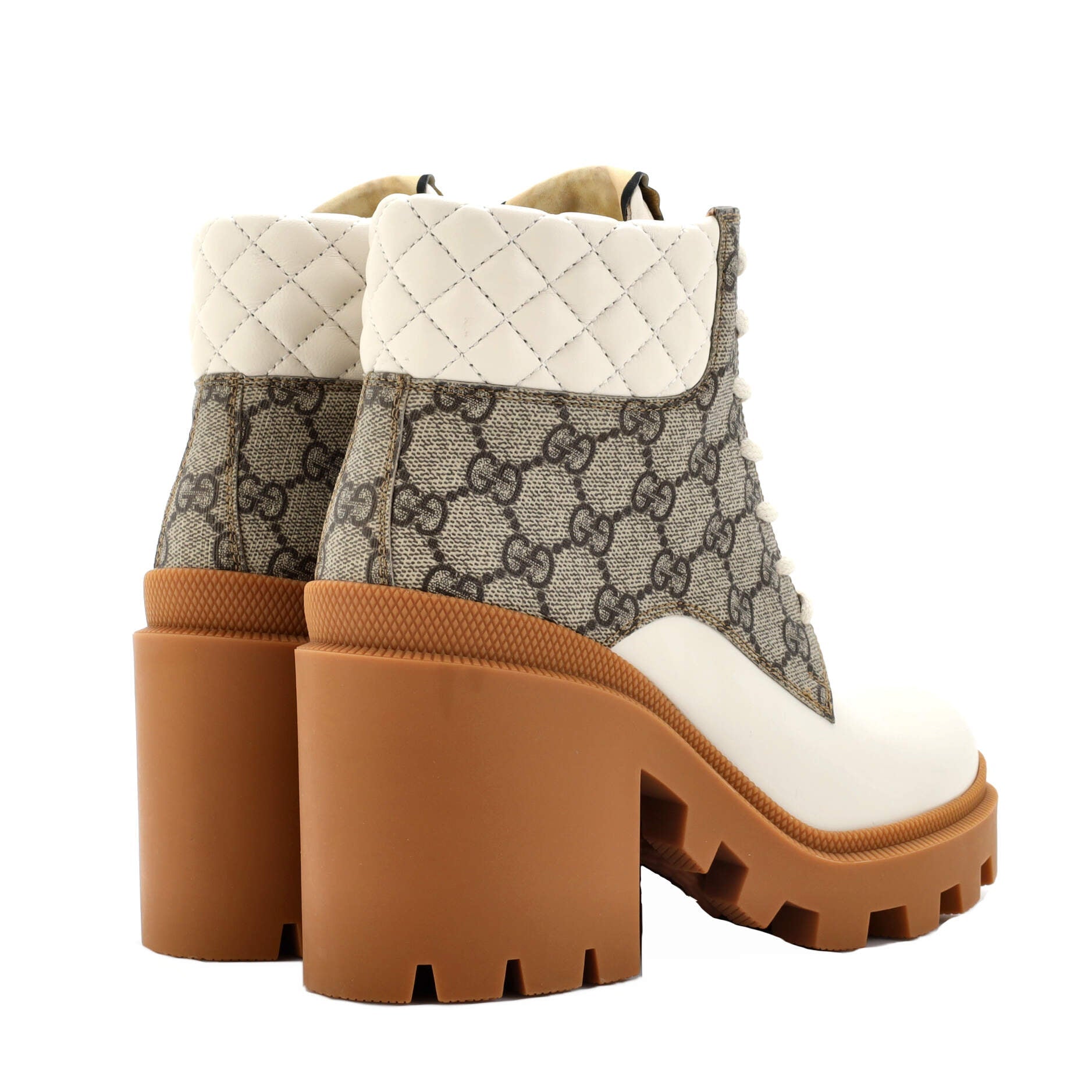 Women's Lace Up Heeled Ankle Boots GG Coated Canvas with Quilted Leather