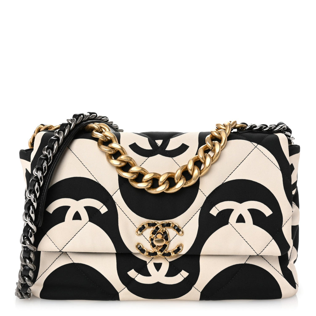 Fabric Printed Large Chanel 19 Flap Black Ecru