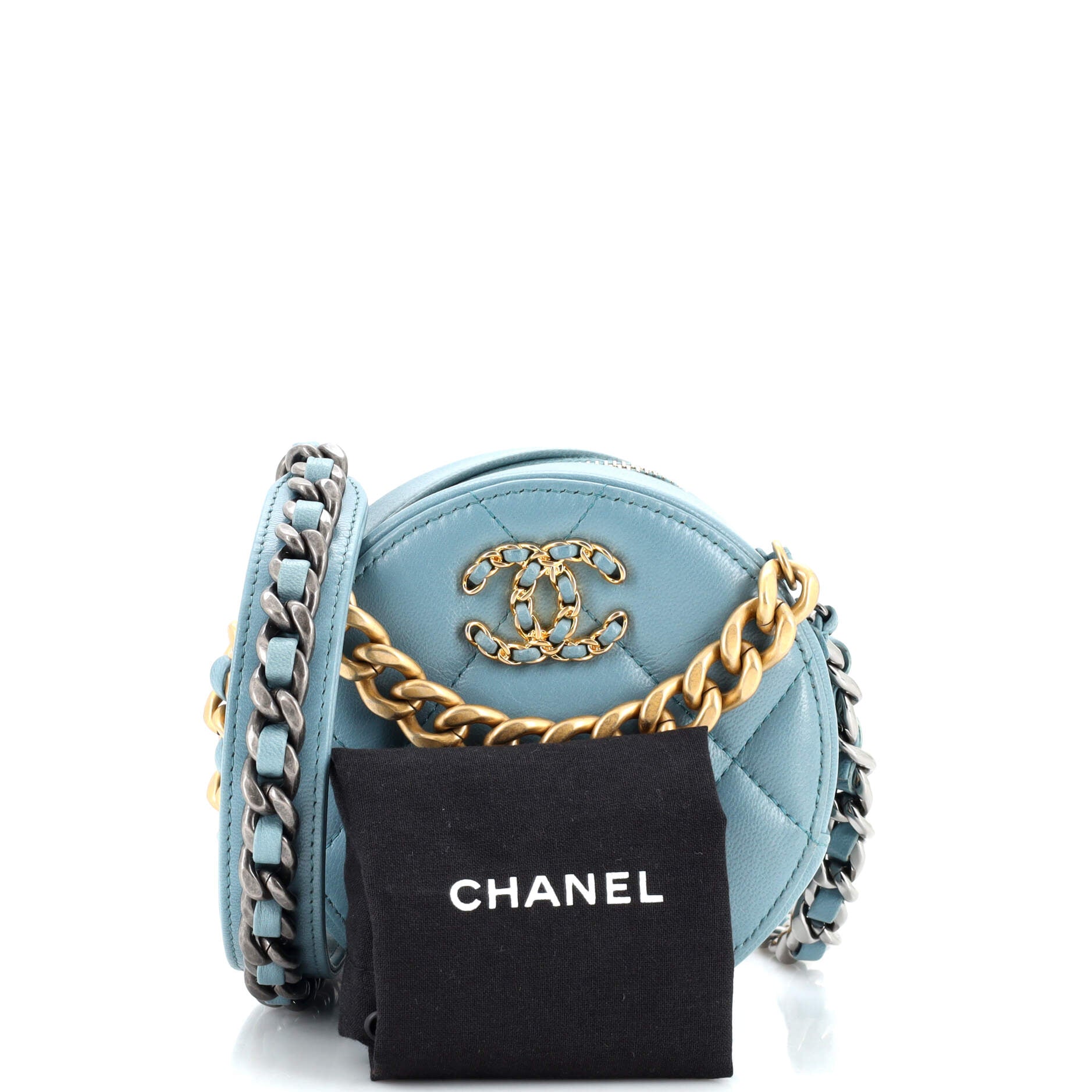 19 Round Clutch with Chain Quilted Leather