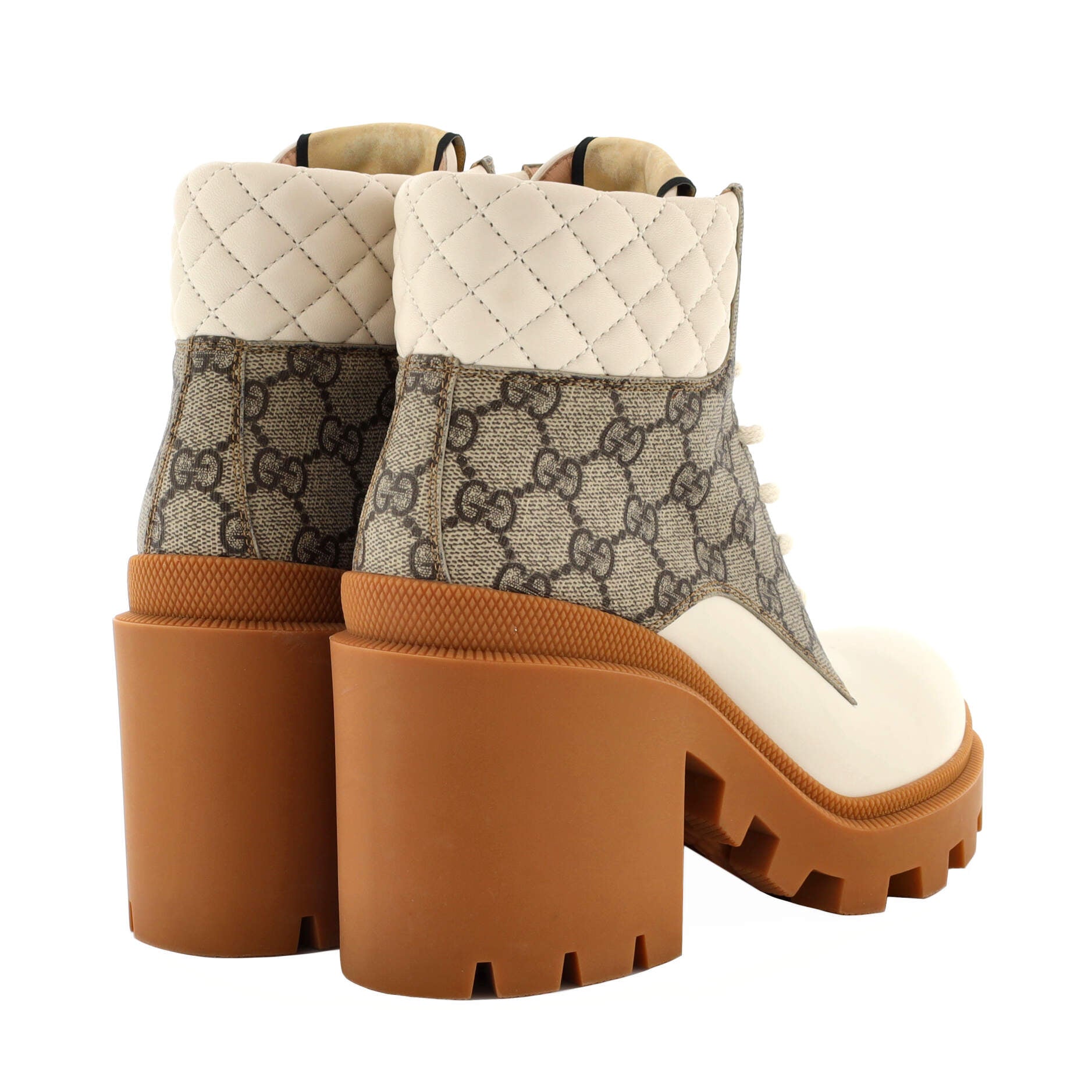 Women's Lace Up Heeled Ankle Boots GG Coated Canvas with Quilted Leather