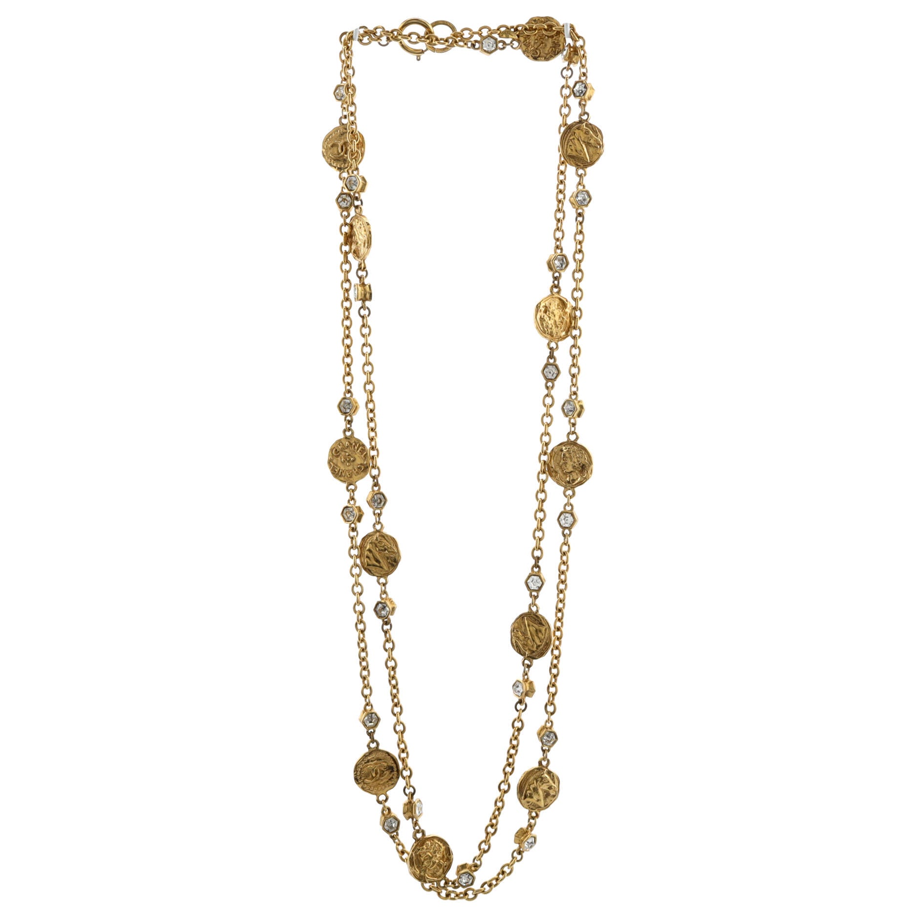 Vintage CC Medallion Long Necklace Metal with Crystals