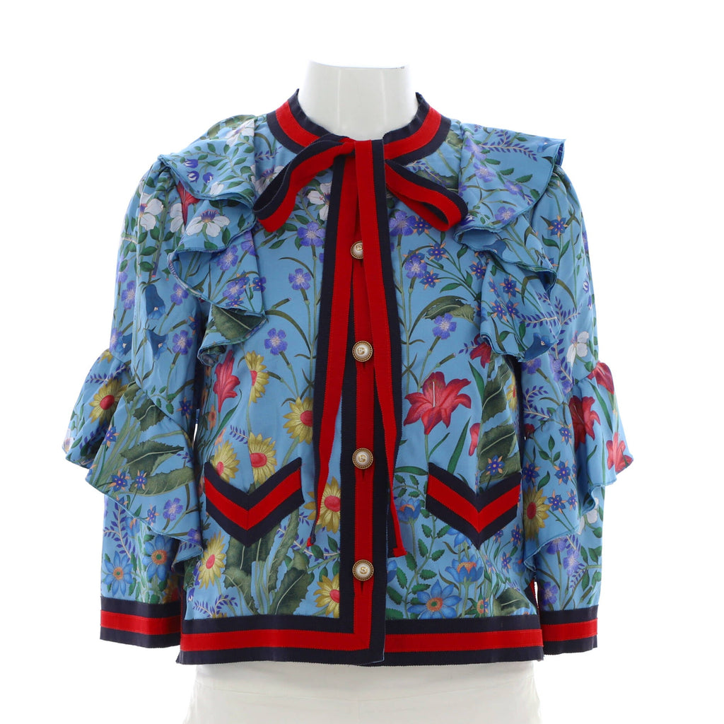 Women's Ruffled Evening Jacket Floral Print Silk