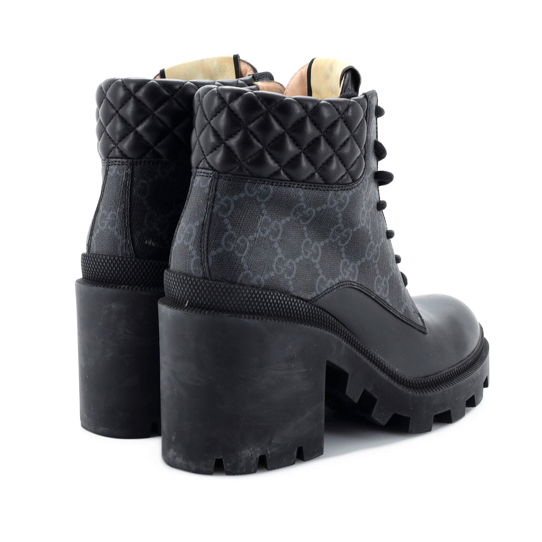 Women's Lace Up Heeled Ankle Boots GG Coated Canvas with Quilted Leather