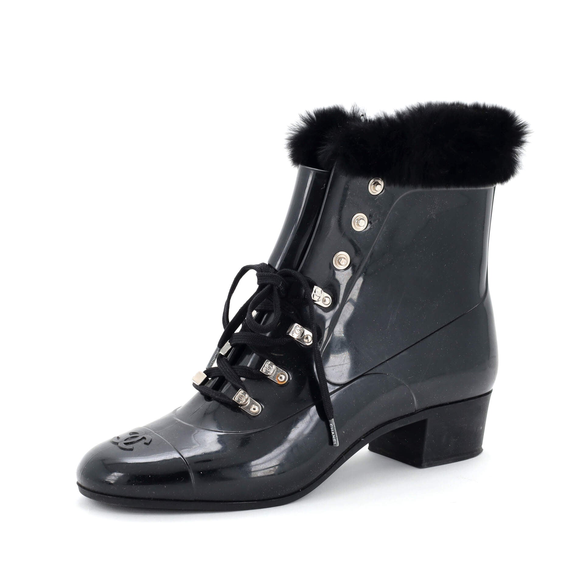 Women's Cap Toe CC Lace Up Rain Boots Rubber with Fur